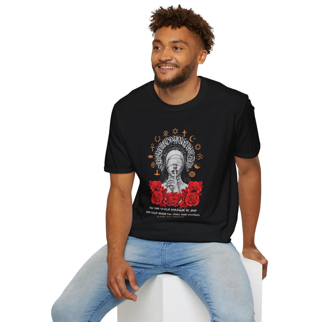 Spiritual Symbols Graphic T-Shirt — Blindfolded Figure with Rose & Faith Icons