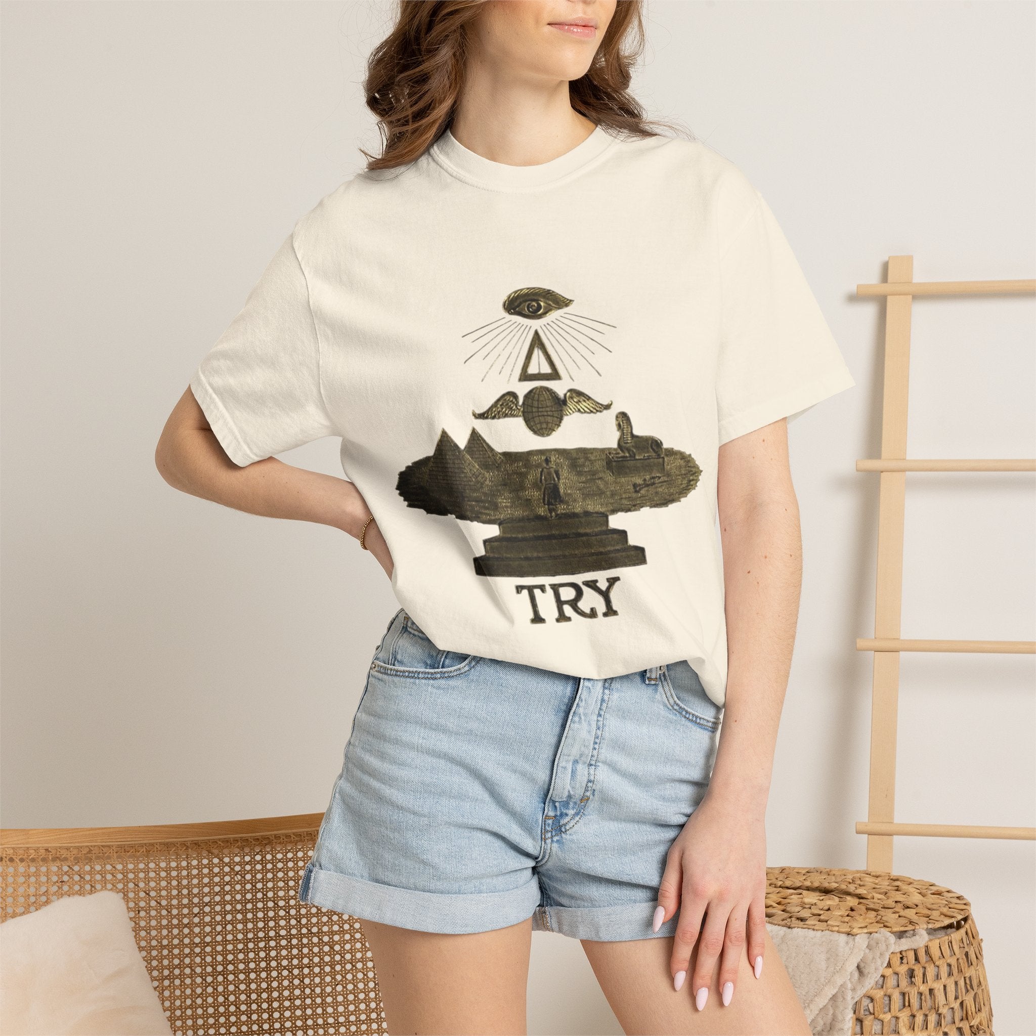 TRY Motivational T-Shirt — Vintage Eye & Triangle Graphic Tee