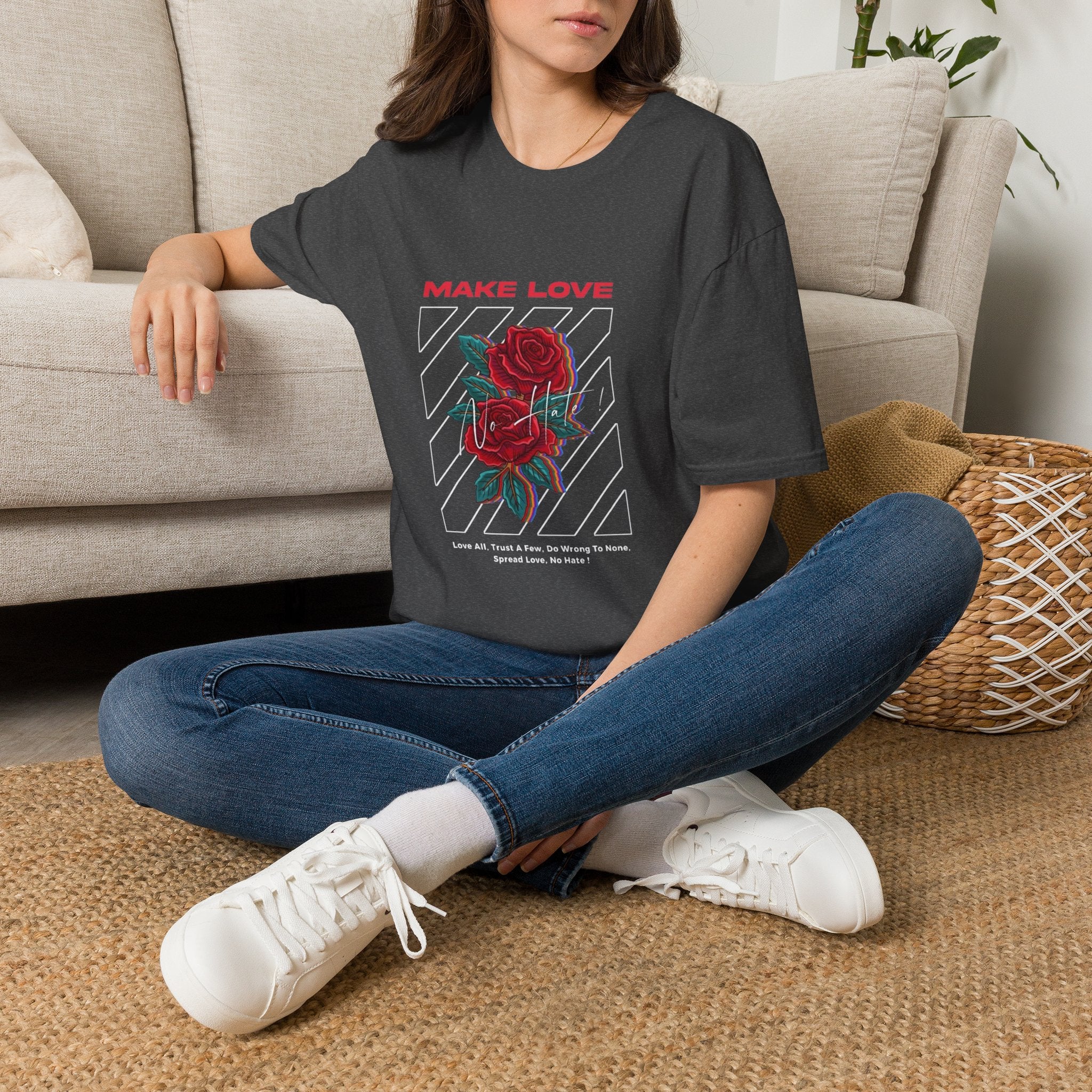 Make Love Rose graphic T-Shirt | Retro stripes, red rose design