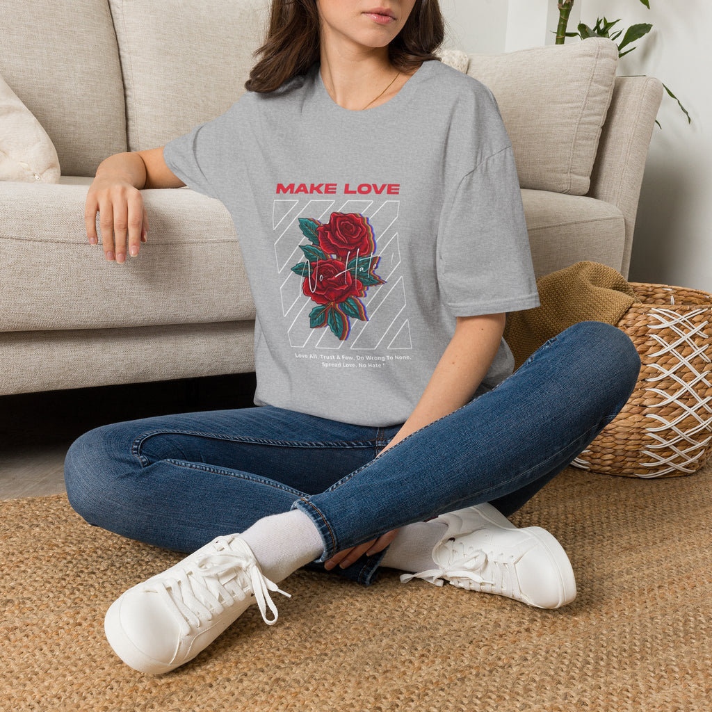 Make Love Rose graphic T-Shirt | Retro stripes, red rose design
