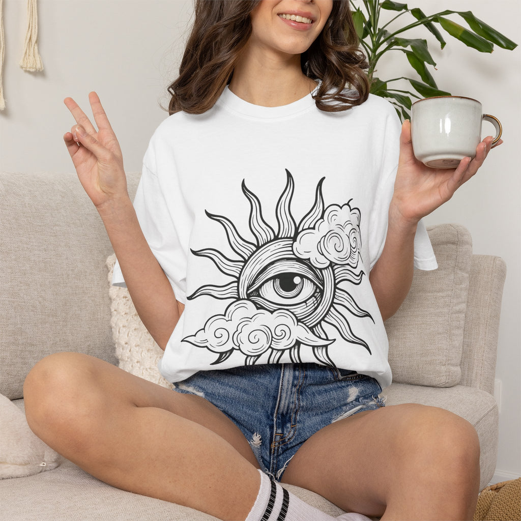 All-Seeing Sun Eye T-Shirt | Celestial Sun and Cloud Illustration