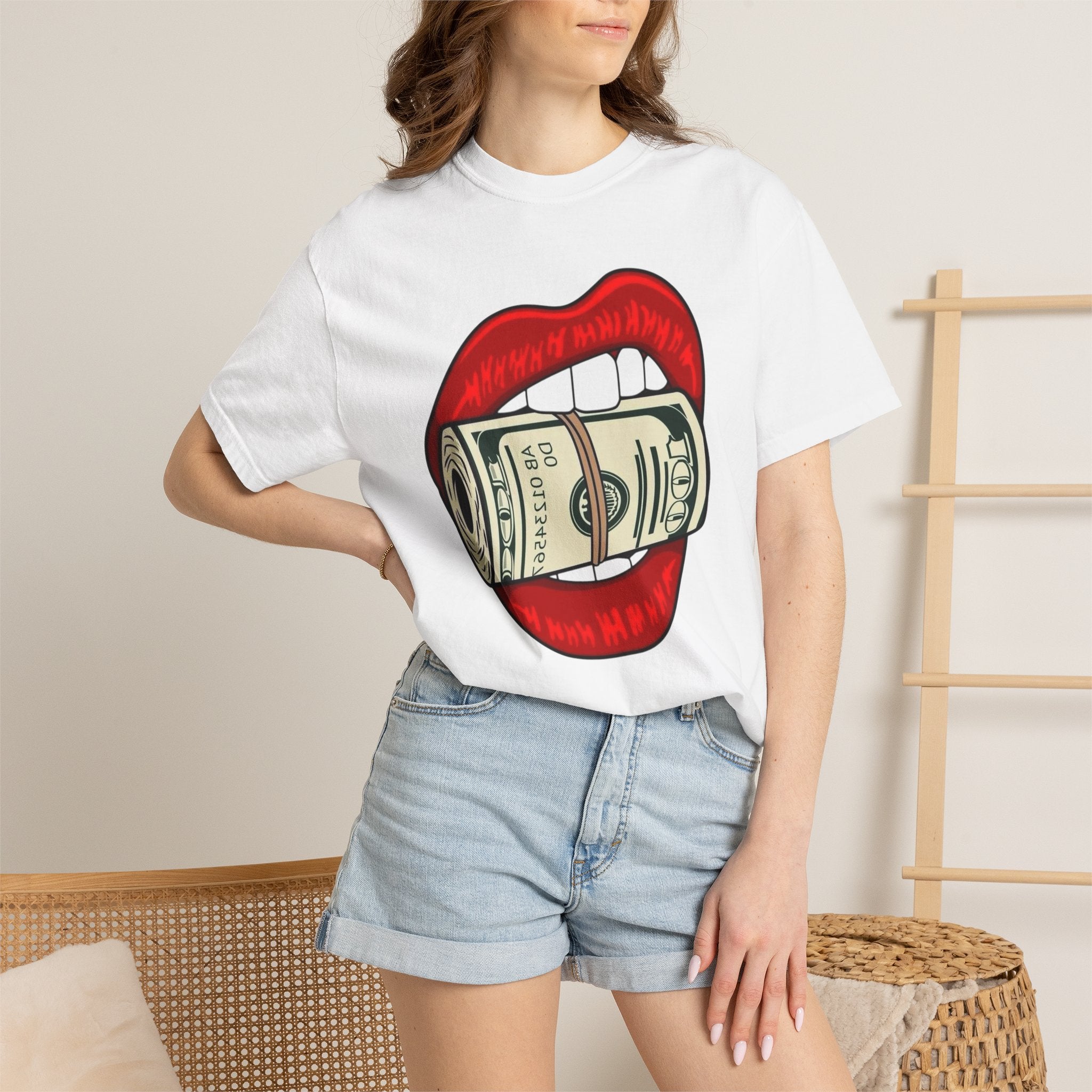 Money Kiss T-Shirt — Graphic Red Lips with Rolled Dollar Tee