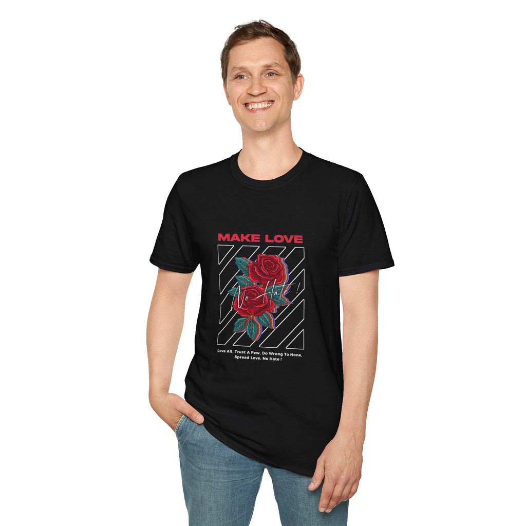 Make Love Rose graphic T-Shirt | Retro stripes, red rose design