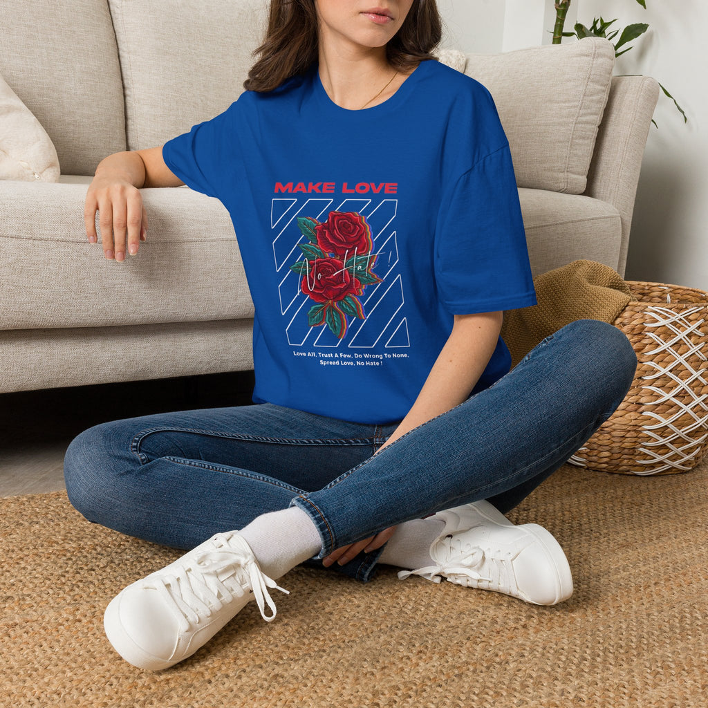 Make Love Rose graphic T-Shirt | Retro stripes, red rose design