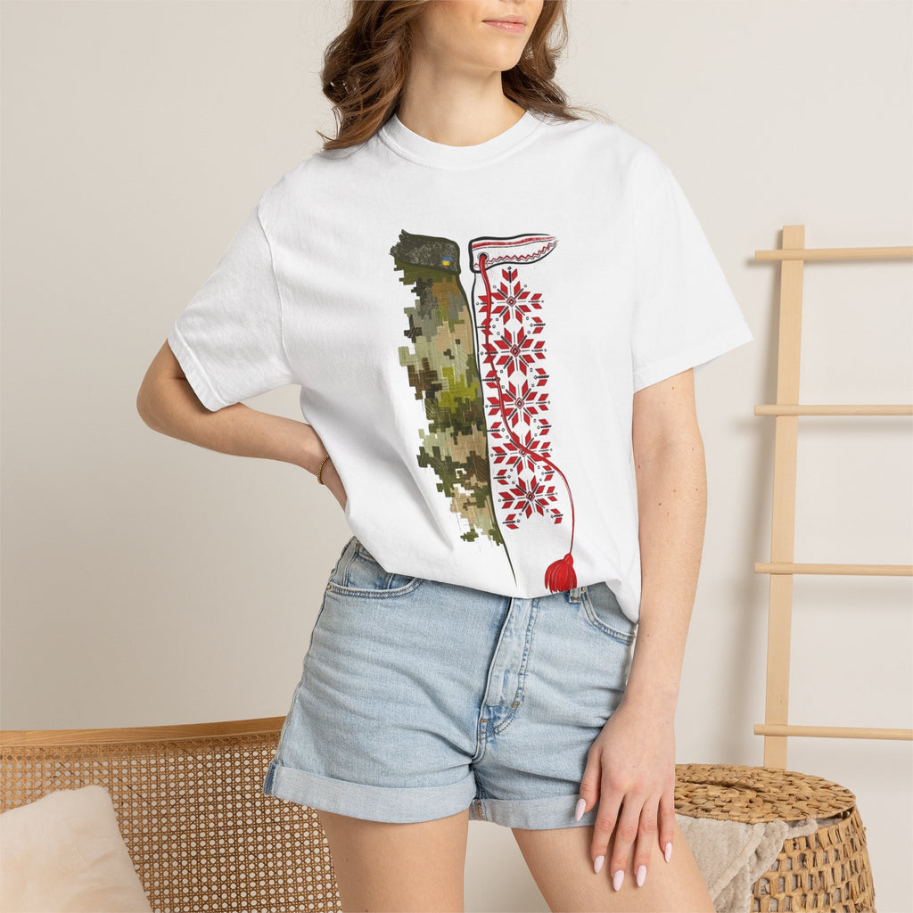 T-Shirt — Split Camo & Floral Pattern Graphic (Red Tassel)