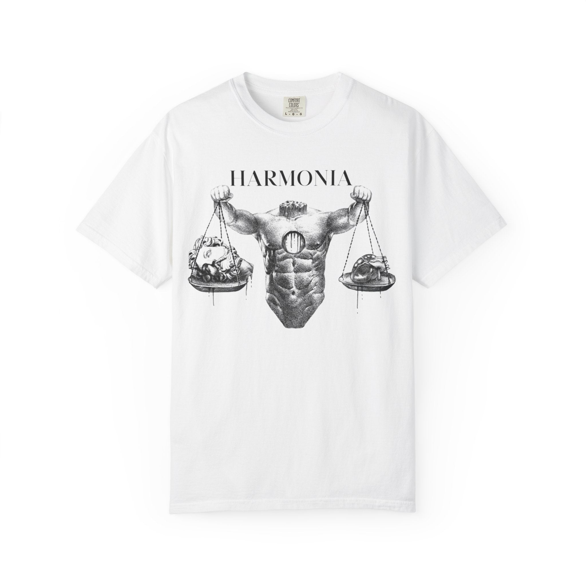 Harmony Scales T-Shirt — Muscular Scales Graphic Tee with ‘HARMONIA’ Text