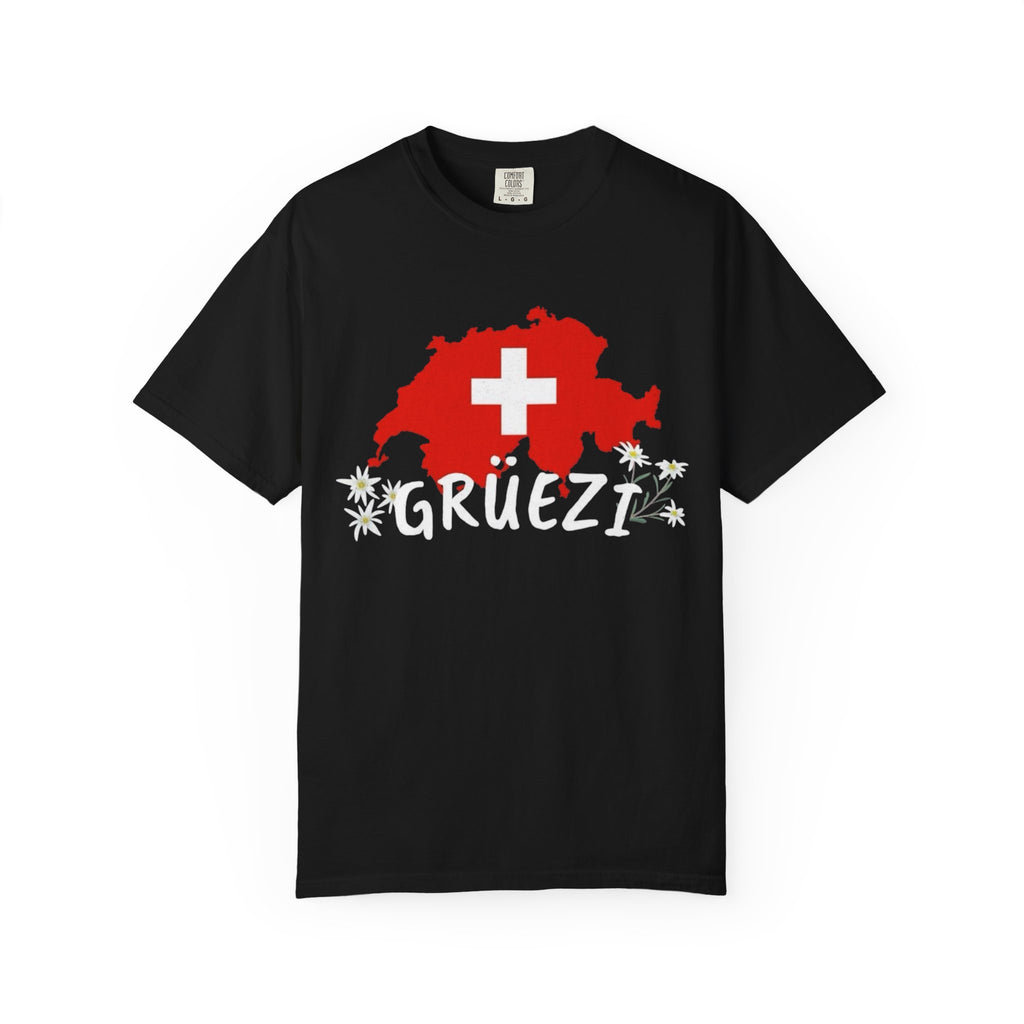 Grüezi Switzerland Map T-Shirt — Swiss Flag & Edelweiss Tee