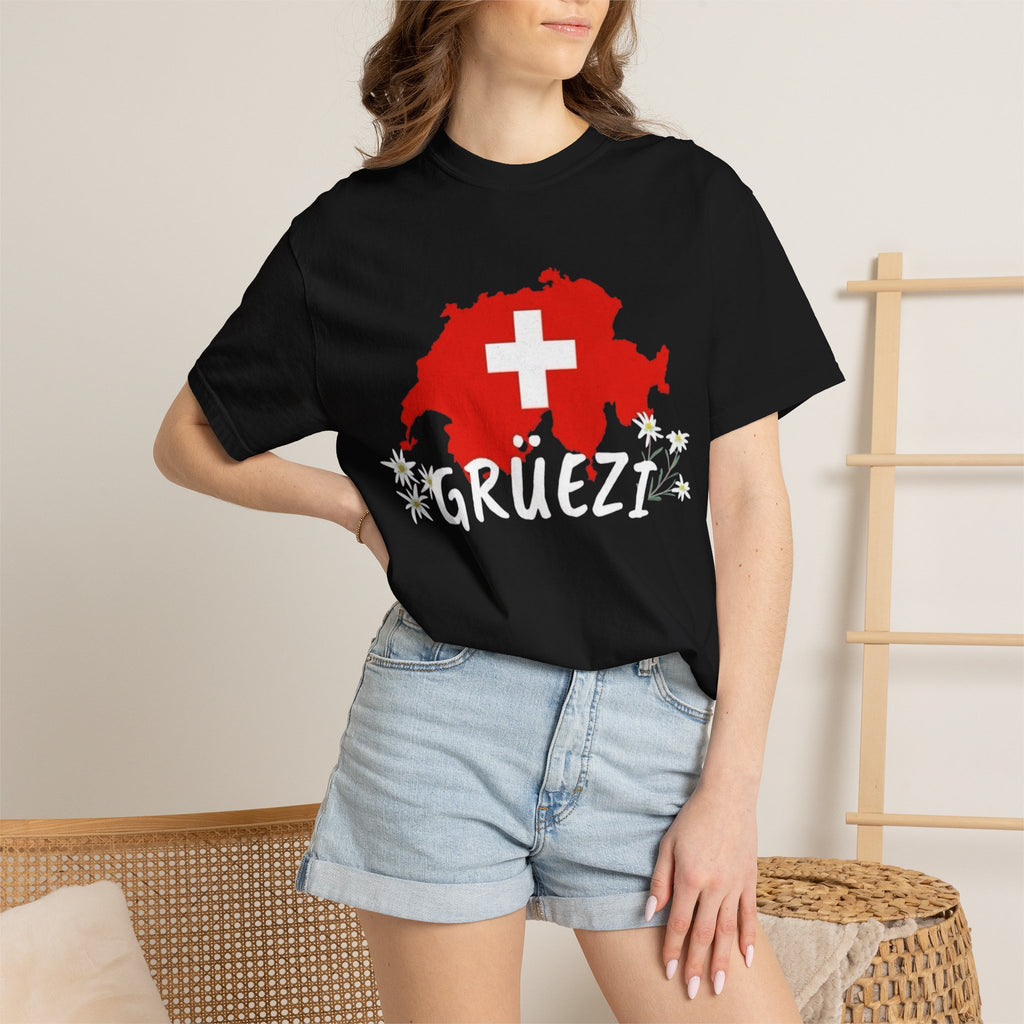 Grüezi Switzerland Map T-Shirt — Swiss Flag & Edelweiss Tee