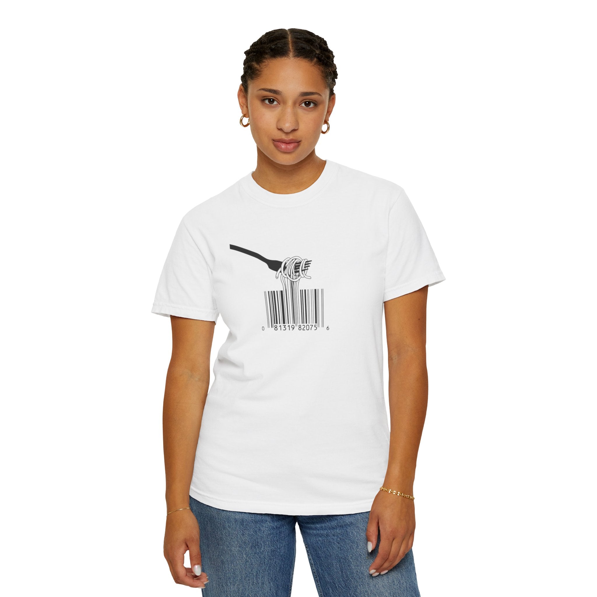 Barcode Spaghetti T‑Shirt — Fork Eating Barcode Graphic Tee
