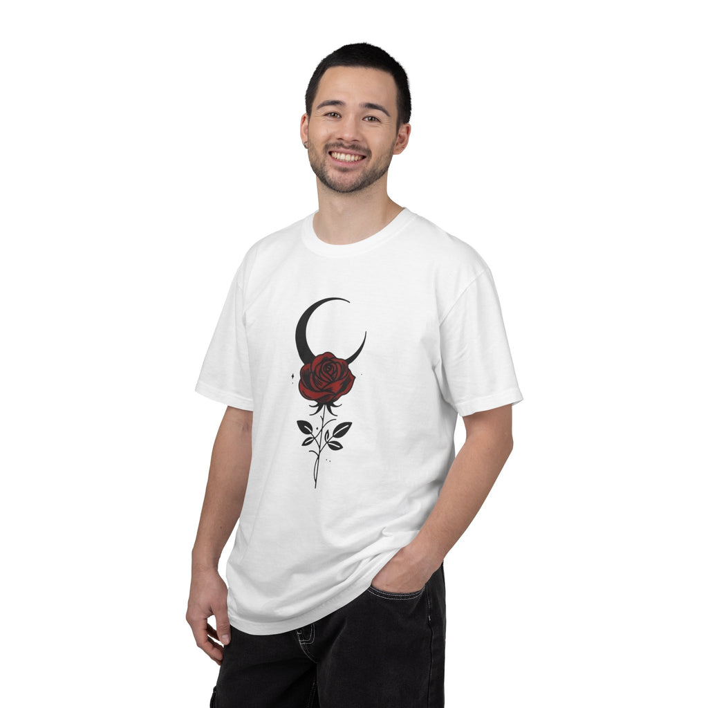 Moon & Rose T‑Shirt — Gothic Crescent Moon with Red Rose Graphic