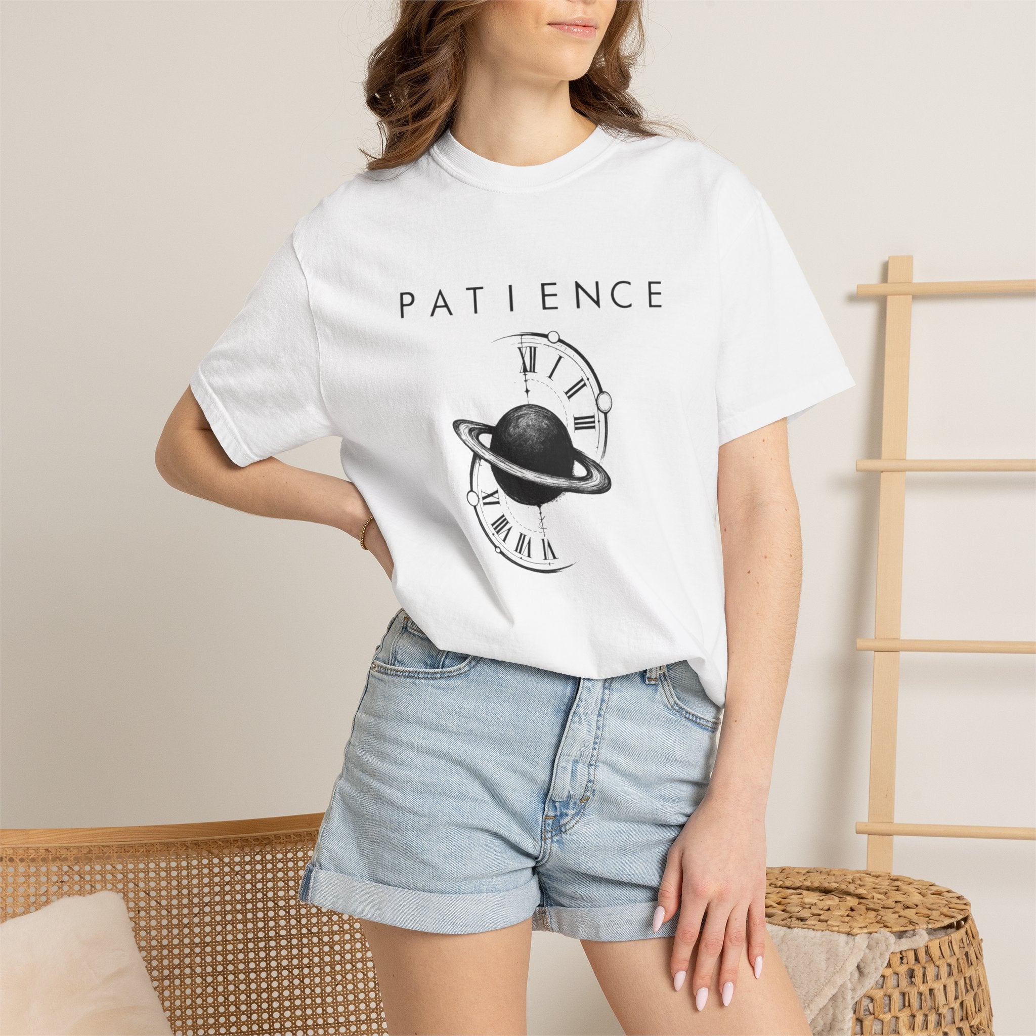 Patience Planet Graphic Tee — Vintage Clock & Saturn T-Shirt