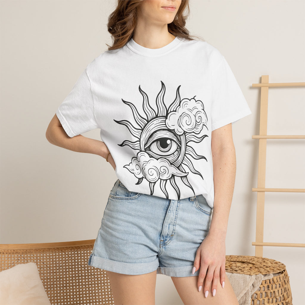 All-Seeing Sun Eye T-Shirt | Celestial Sun and Cloud Illustration