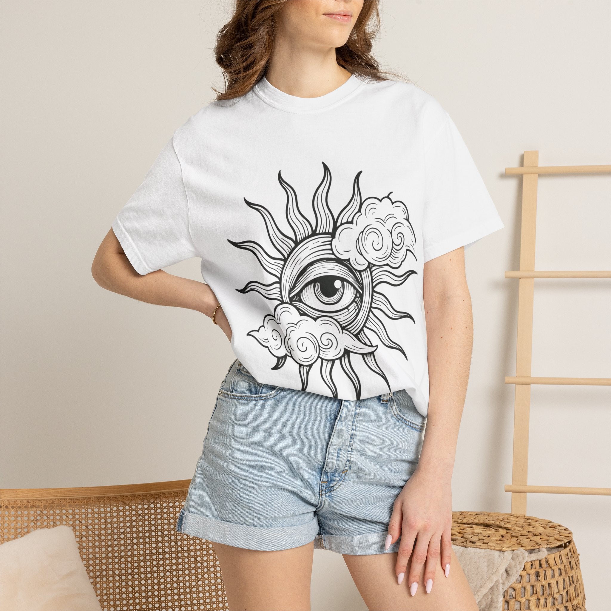 All-Seeing Sun Eye T-Shirt | Celestial Sun and Cloud Illustration