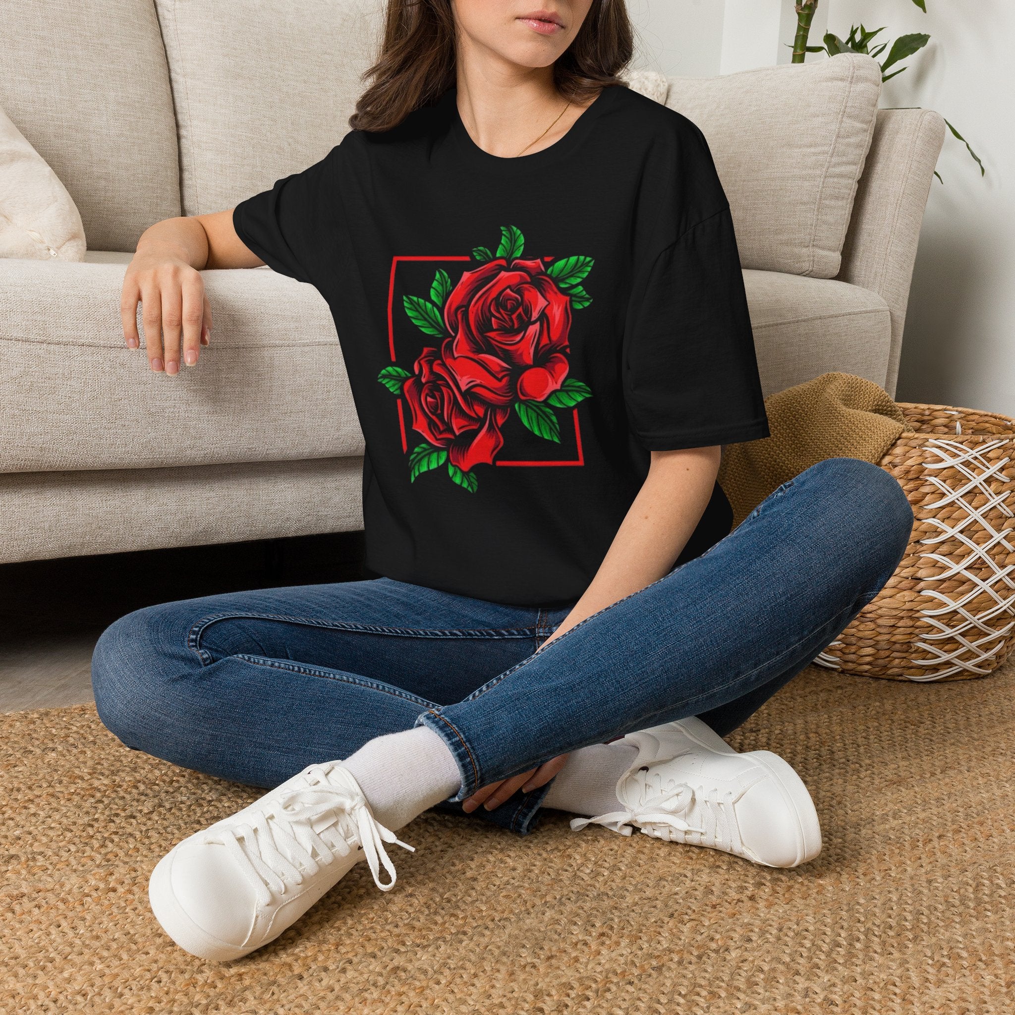 Red Rose Frame T-Shirt — Floral Graphic Tee for Women & Men