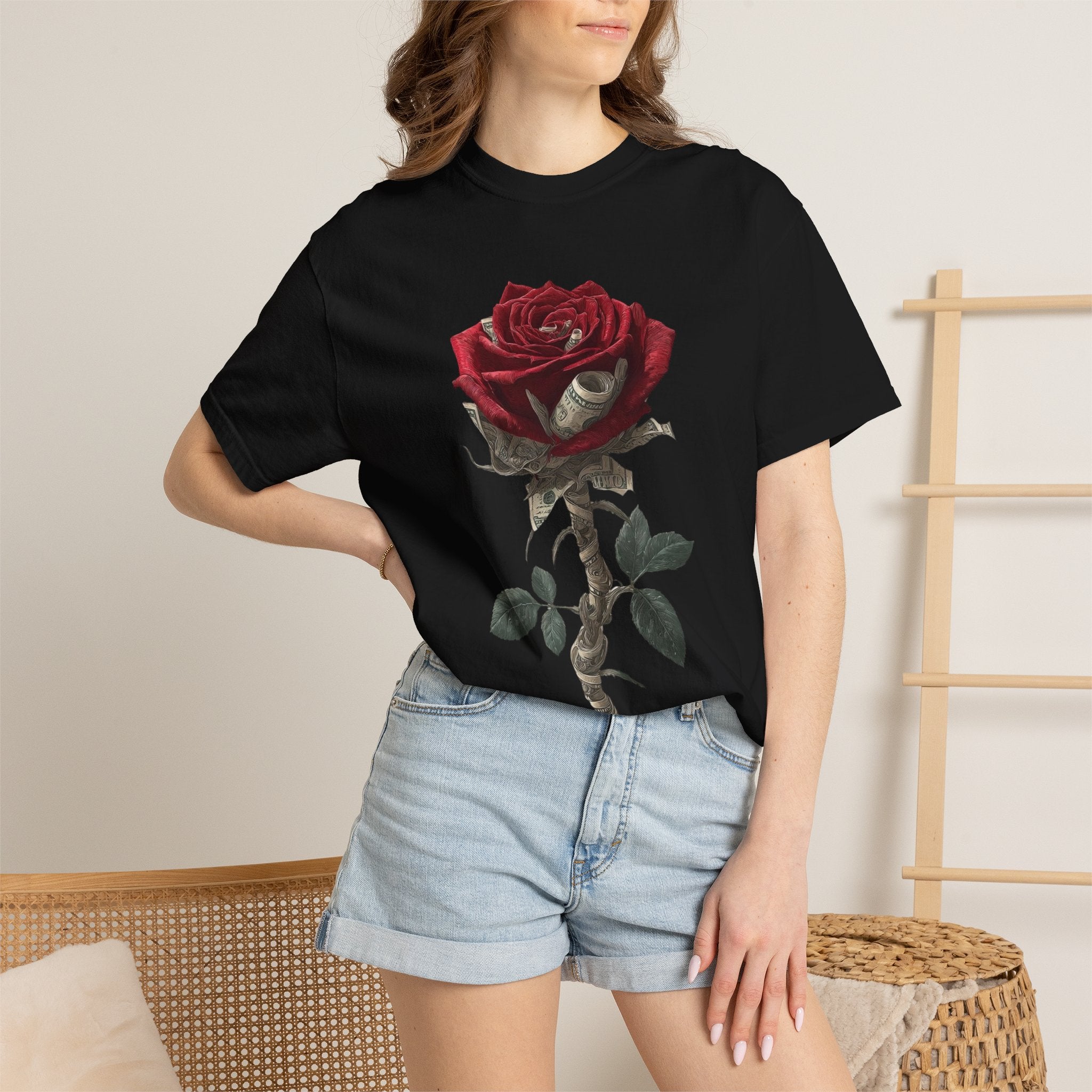 Graphic T-Shirt — Gothic Red Rose & Playing Card King/Queen Design