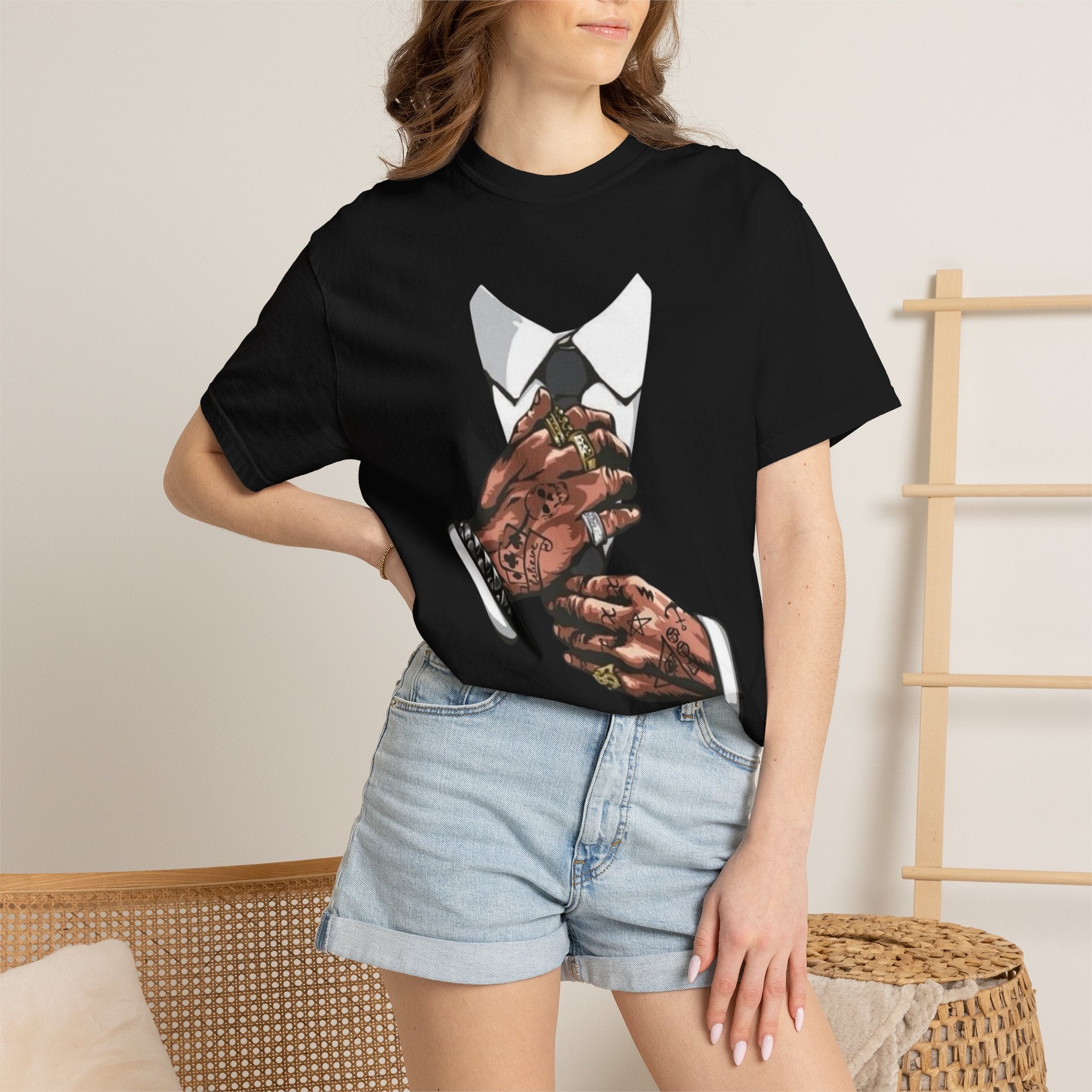 Tattooed Hands Adjusting Tie T-Shirt | Suit Collar Graphic Tee