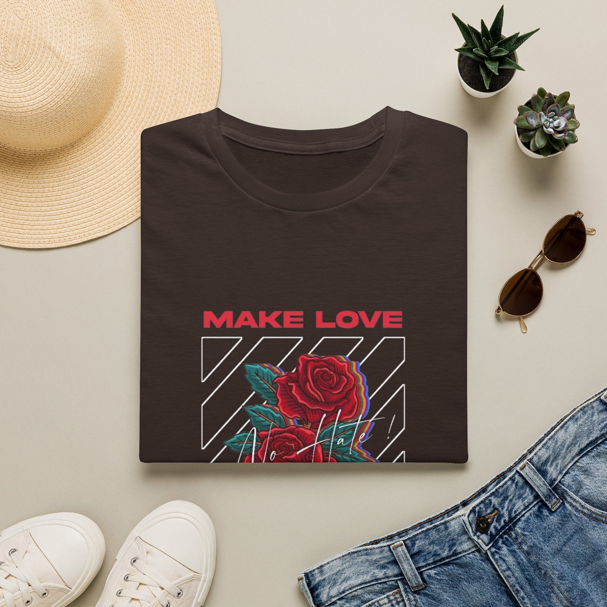 Make Love Rose graphic T-Shirt | Retro stripes, red rose design