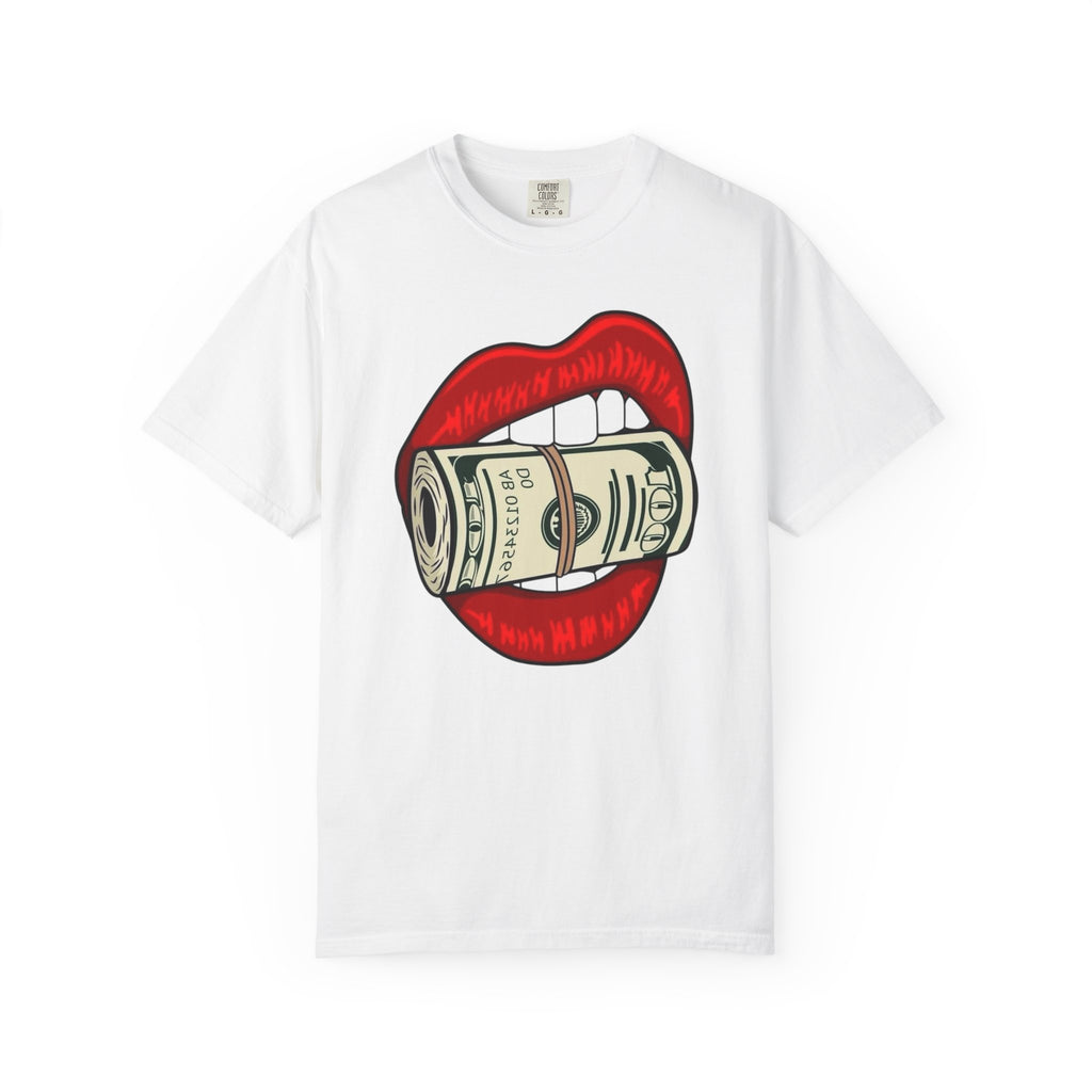 Money Kiss T-Shirt — Graphic Red Lips with Rolled Dollar Tee