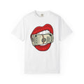 Money Kiss T-Shirt — Graphic Red Lips with Rolled Dollar Tee
