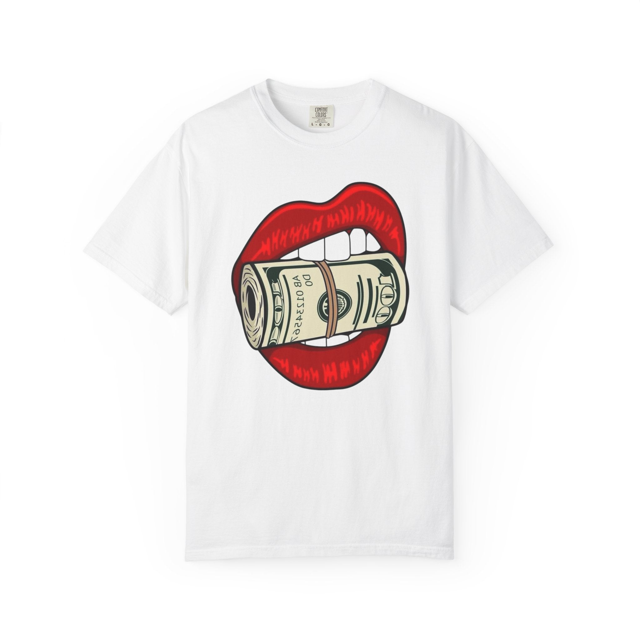 Money Kiss T-Shirt — Graphic Red Lips with Rolled Dollar Tee