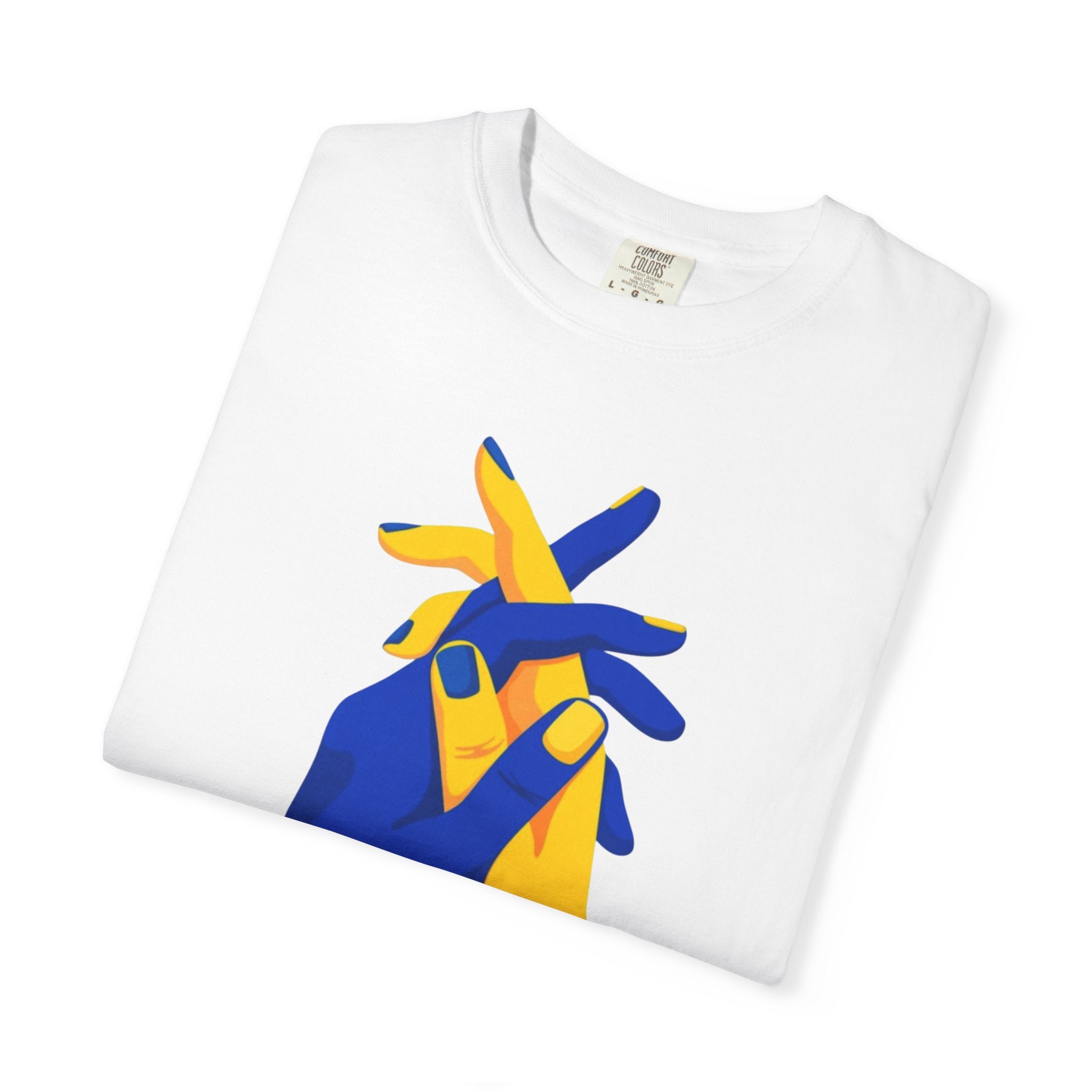 Blue and Yellow Intertwined Hands T-shirt | Minimalist Illustration
