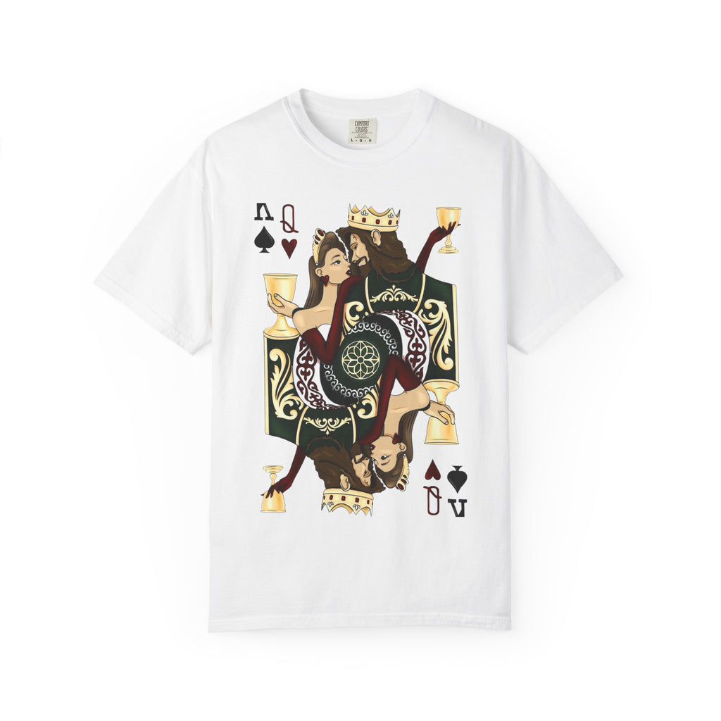 Queen of Cups Playing Card Graphic T-Shirt — Tarot-Inspired Drinking Art Tee