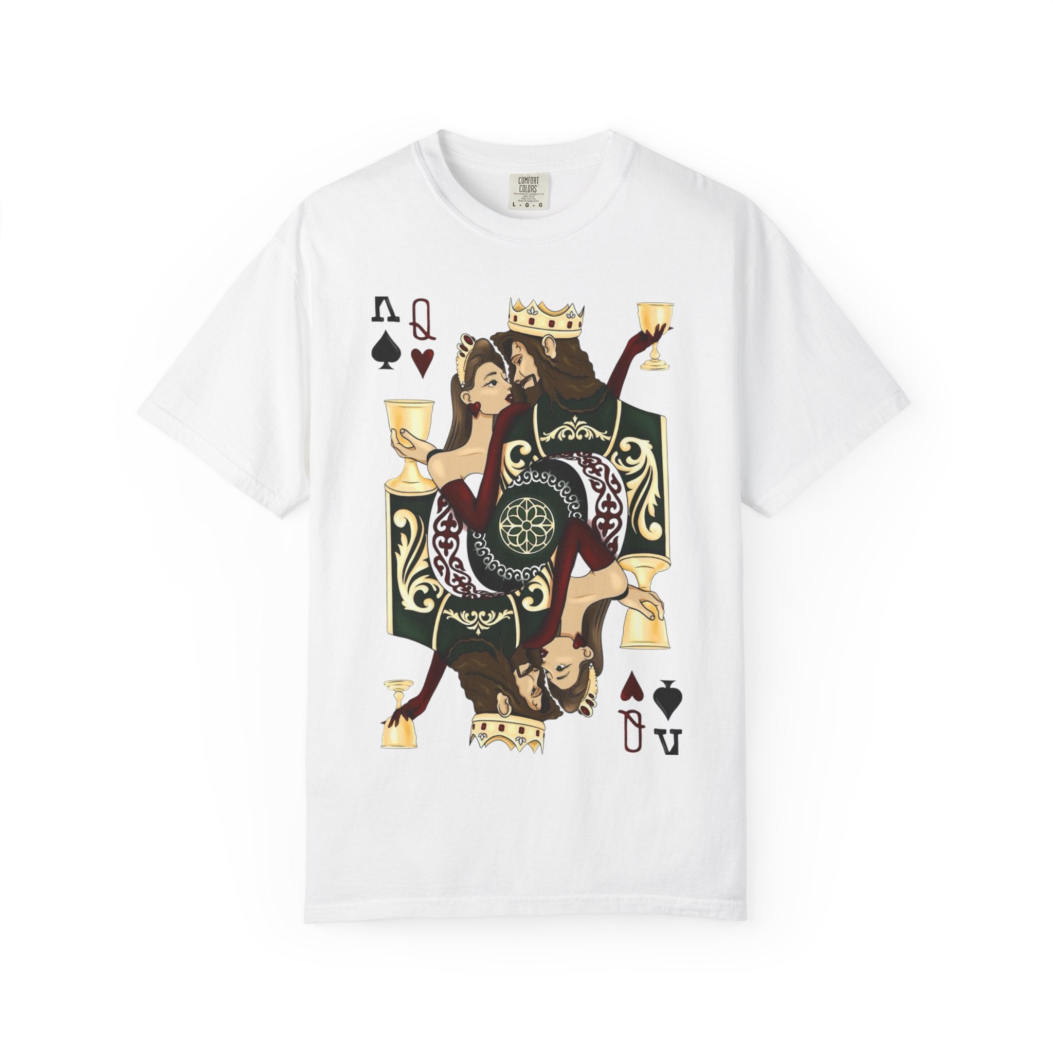 Queen of Cups Playing Card Graphic T-Shirt — Tarot-Inspired Drinking Art Tee