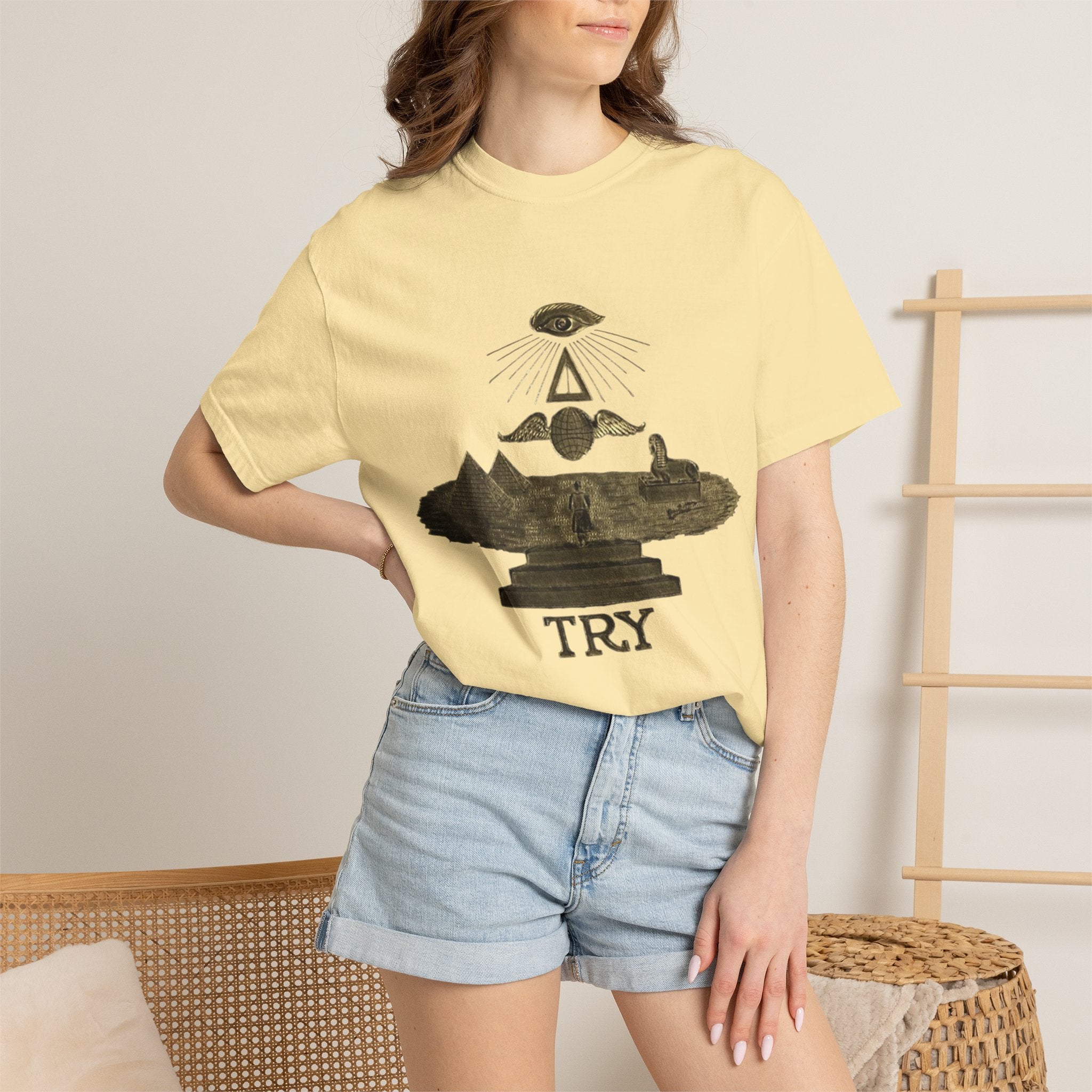 TRY Motivational T-Shirt — Vintage Eye & Triangle Graphic Tee