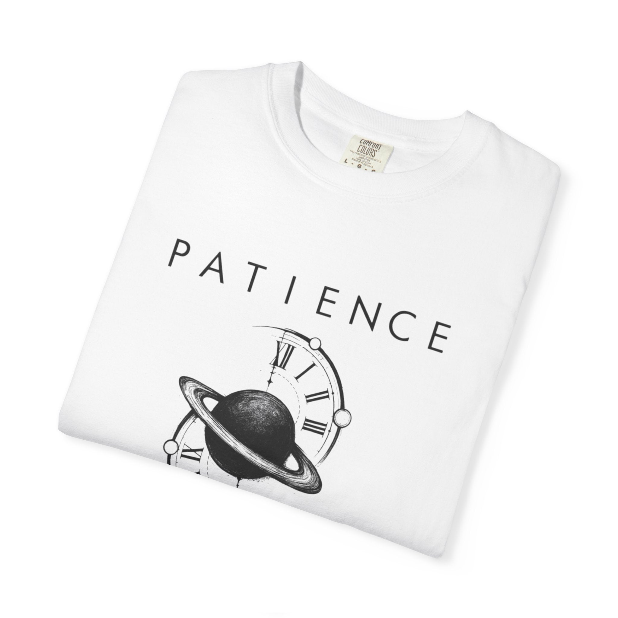 Patience Planet Graphic Tee — Vintage Clock & Saturn T-Shirt