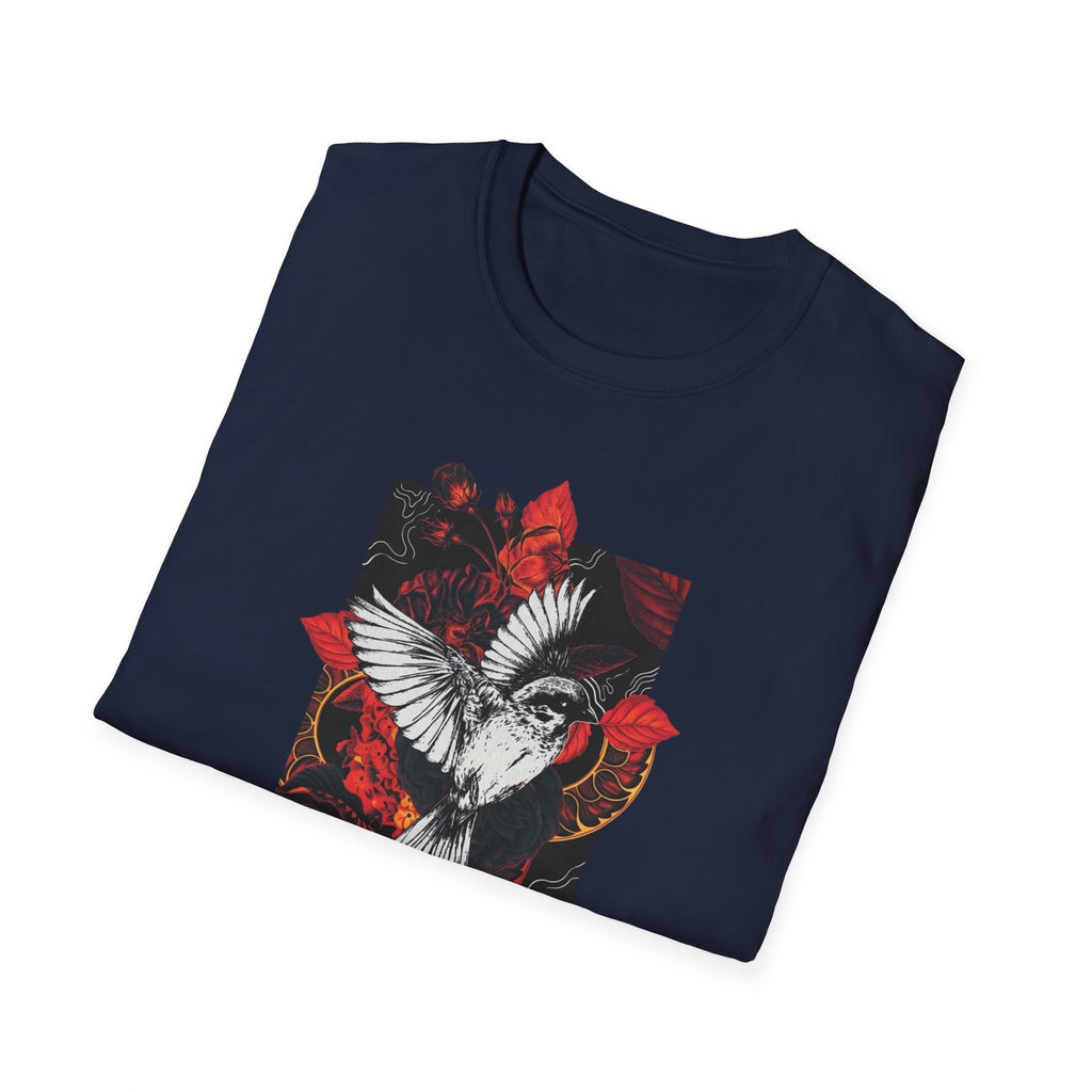 Dove & Roses Graphic T-Shirt — White Dove with Red Floral Crest