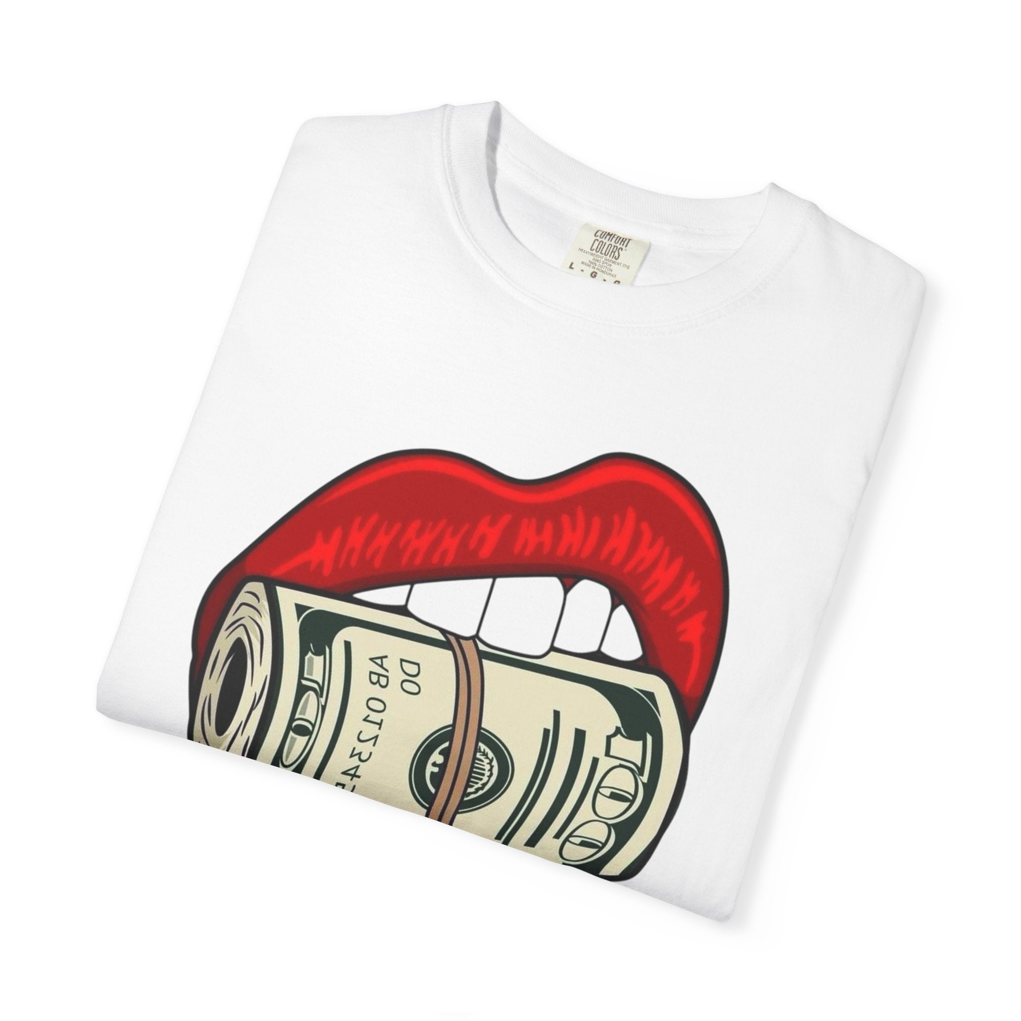 Money Kiss T-Shirt — Graphic Red Lips with Rolled Dollar Tee