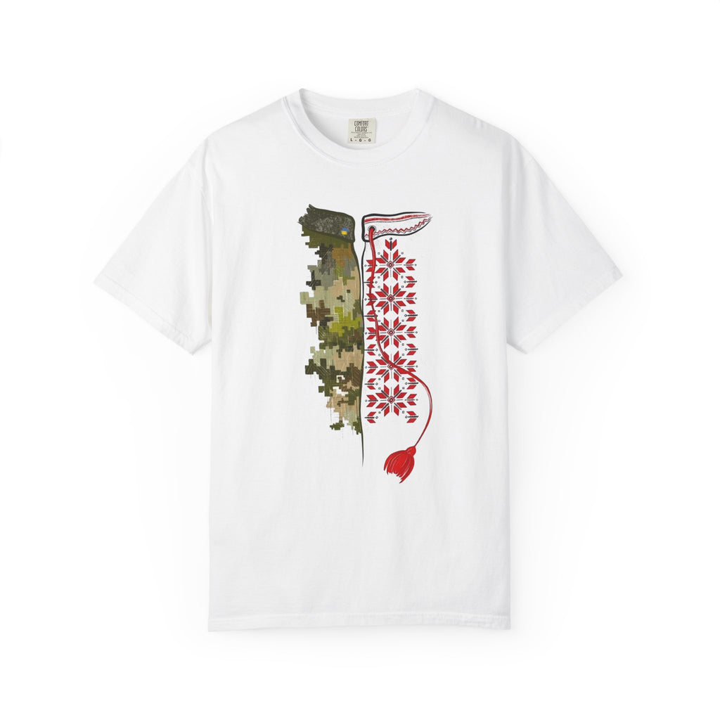 T-Shirt — Split Camo & Floral Pattern Graphic (Red Tassel)