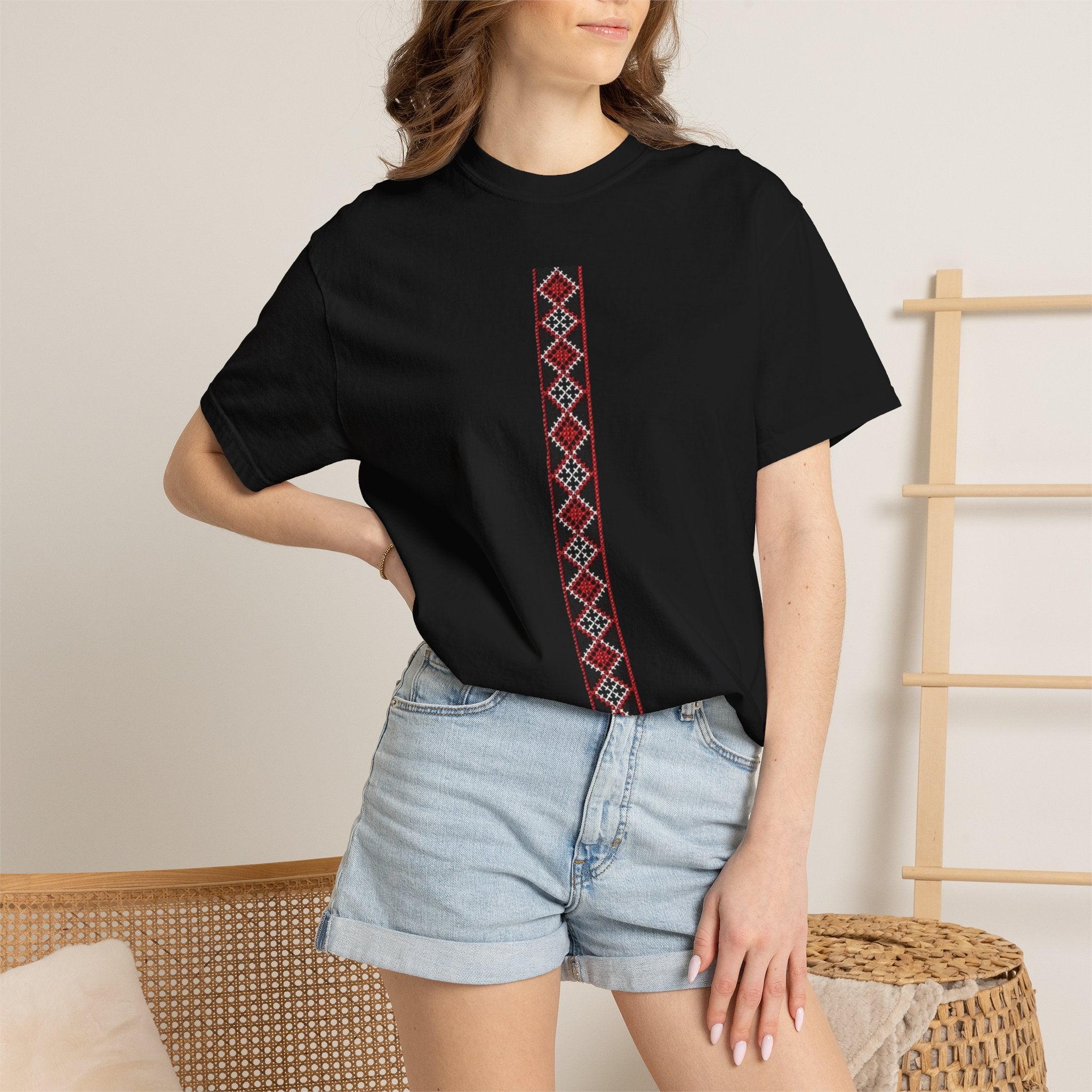 Embroidered Stripe Graphic T-Shirt — Vertical Ethnic Pattern