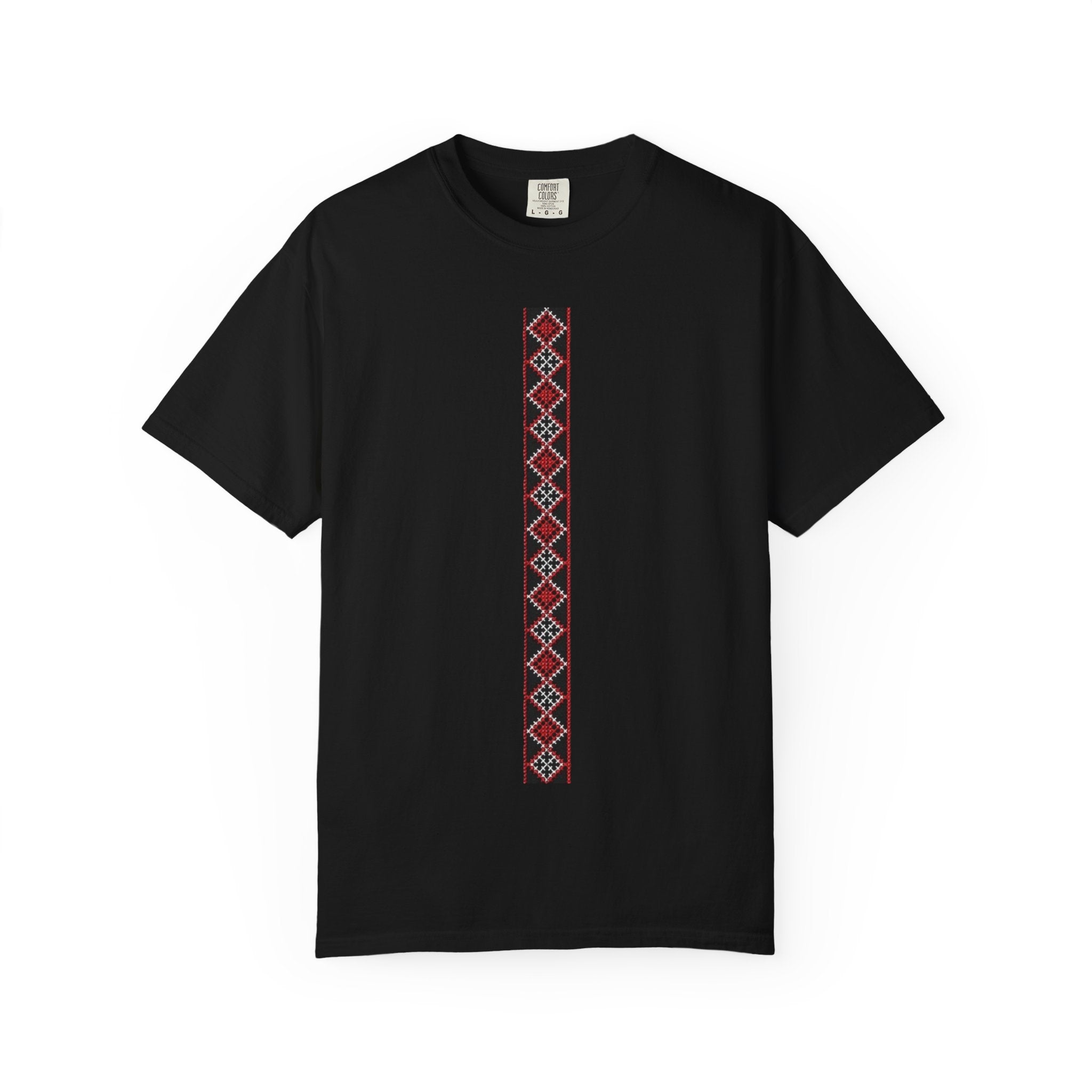 Embroidered Stripe Graphic T-Shirt — Vertical Ethnic Pattern