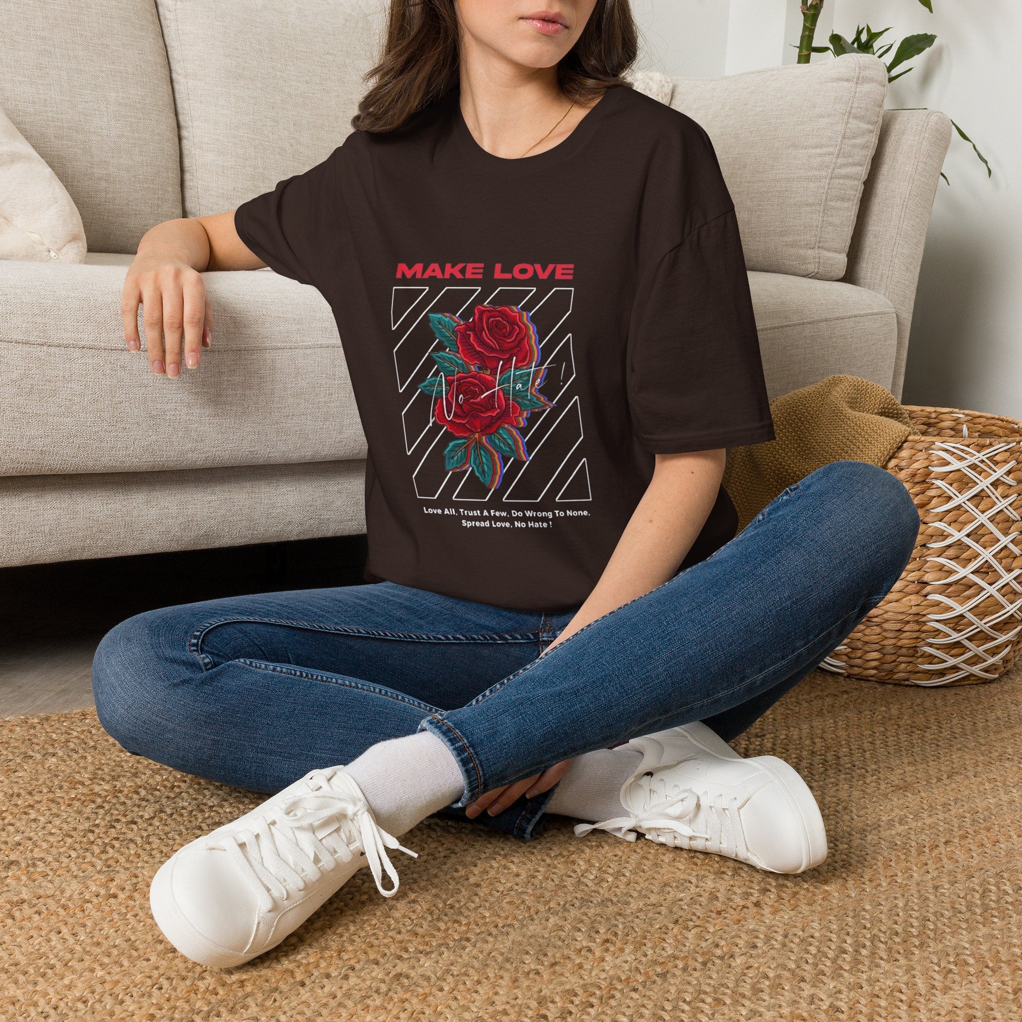 Make Love Rose graphic T-Shirt | Retro stripes, red rose design