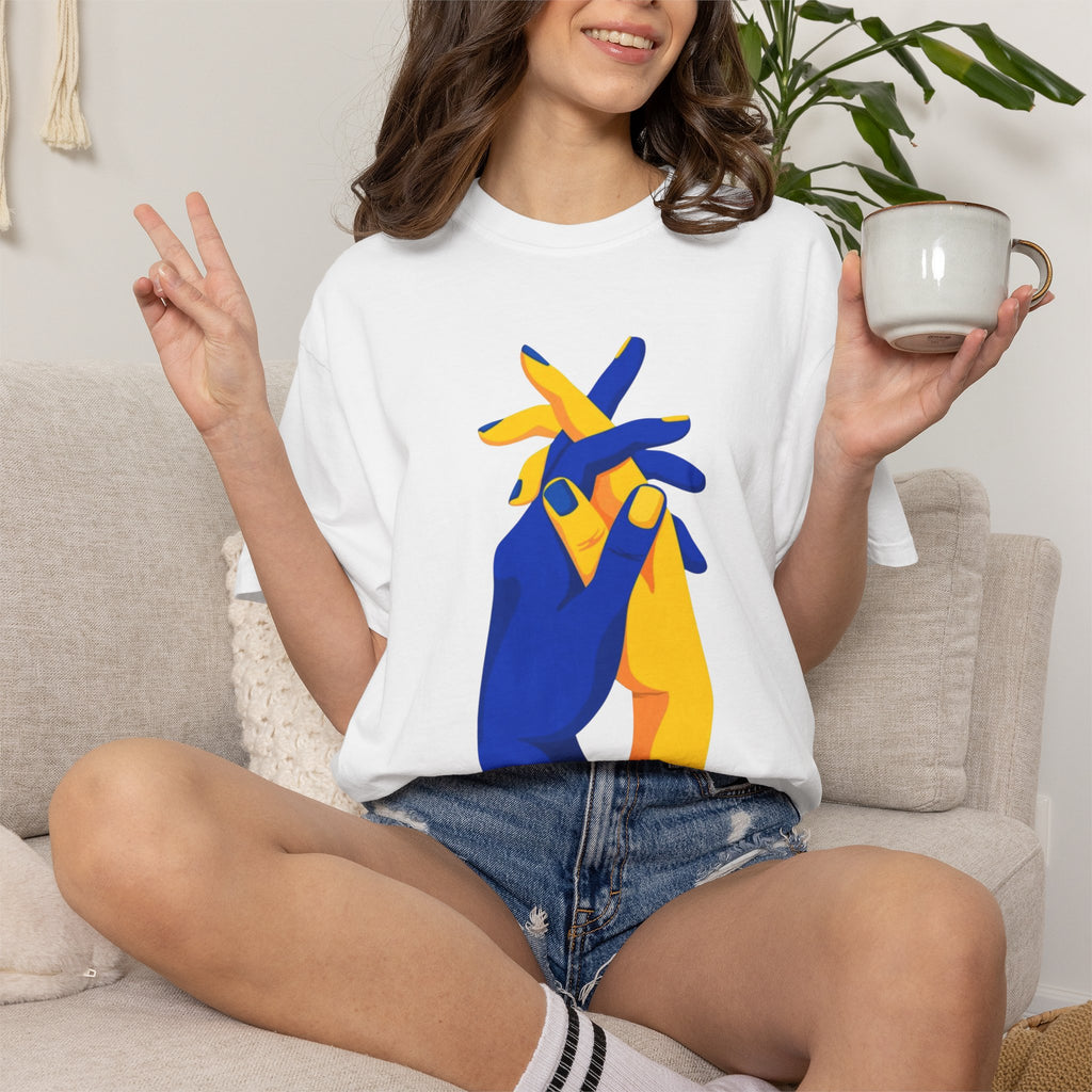 Blue and Yellow Intertwined Hands T-shirt | Minimalist Illustration