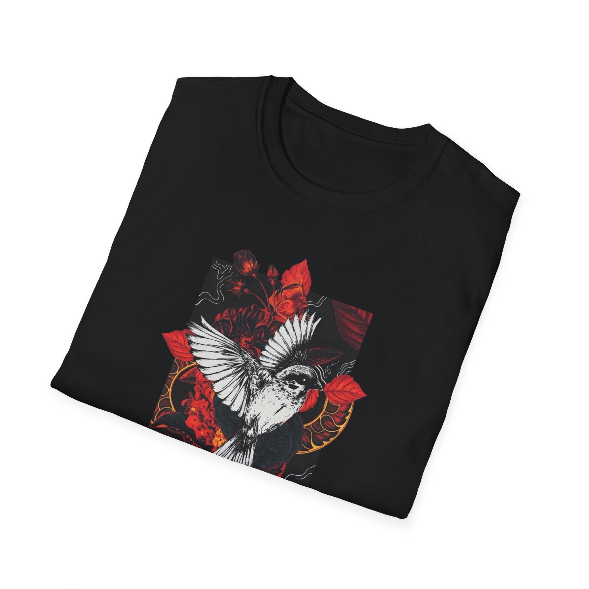 Dove & Roses Graphic T-Shirt — White Dove with Red Floral Crest