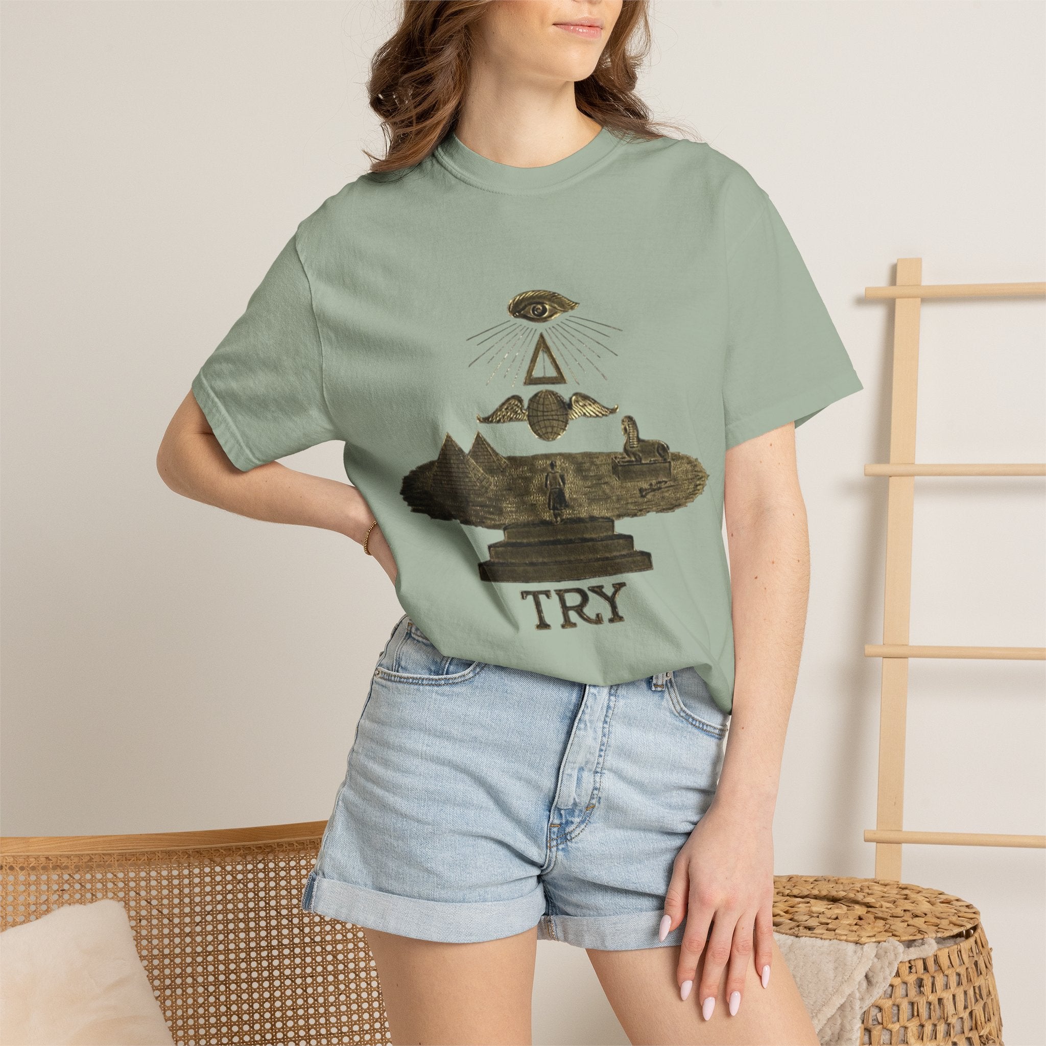 TRY Motivational T-Shirt — Vintage Eye & Triangle Graphic Tee