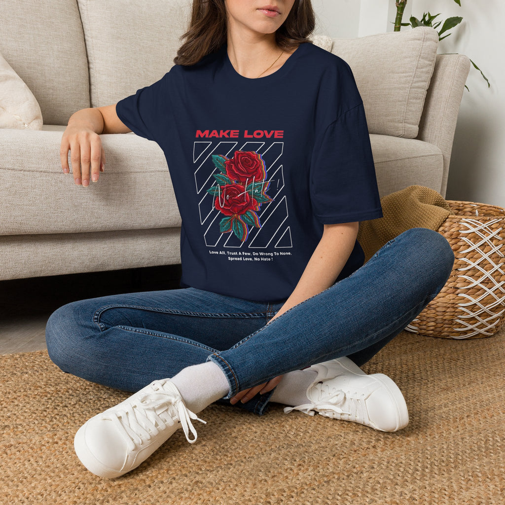 Make Love Rose graphic T-Shirt | Retro stripes, red rose design
