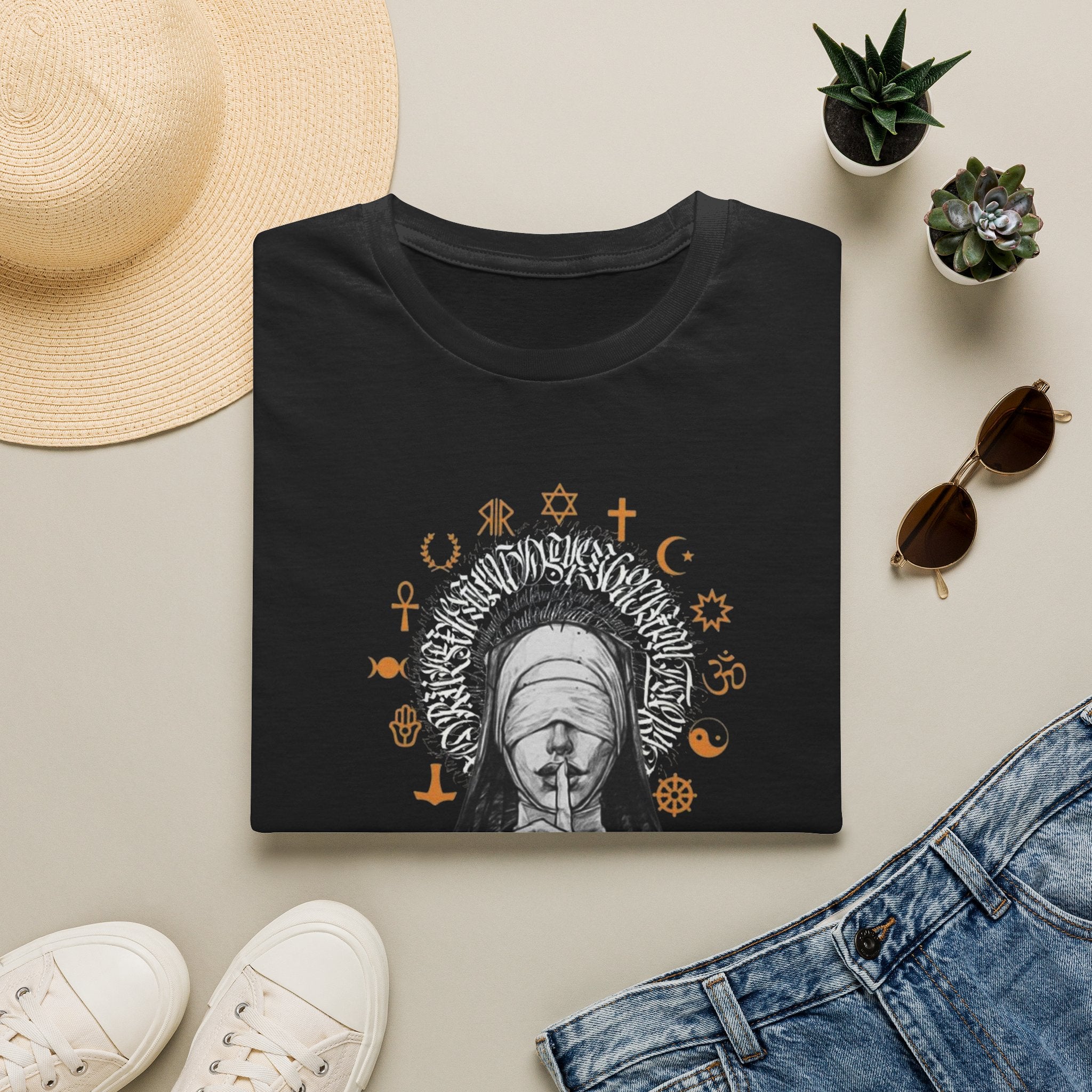 Spiritual Symbols Graphic T-Shirt — Blindfolded Figure with Rose & Faith Icons