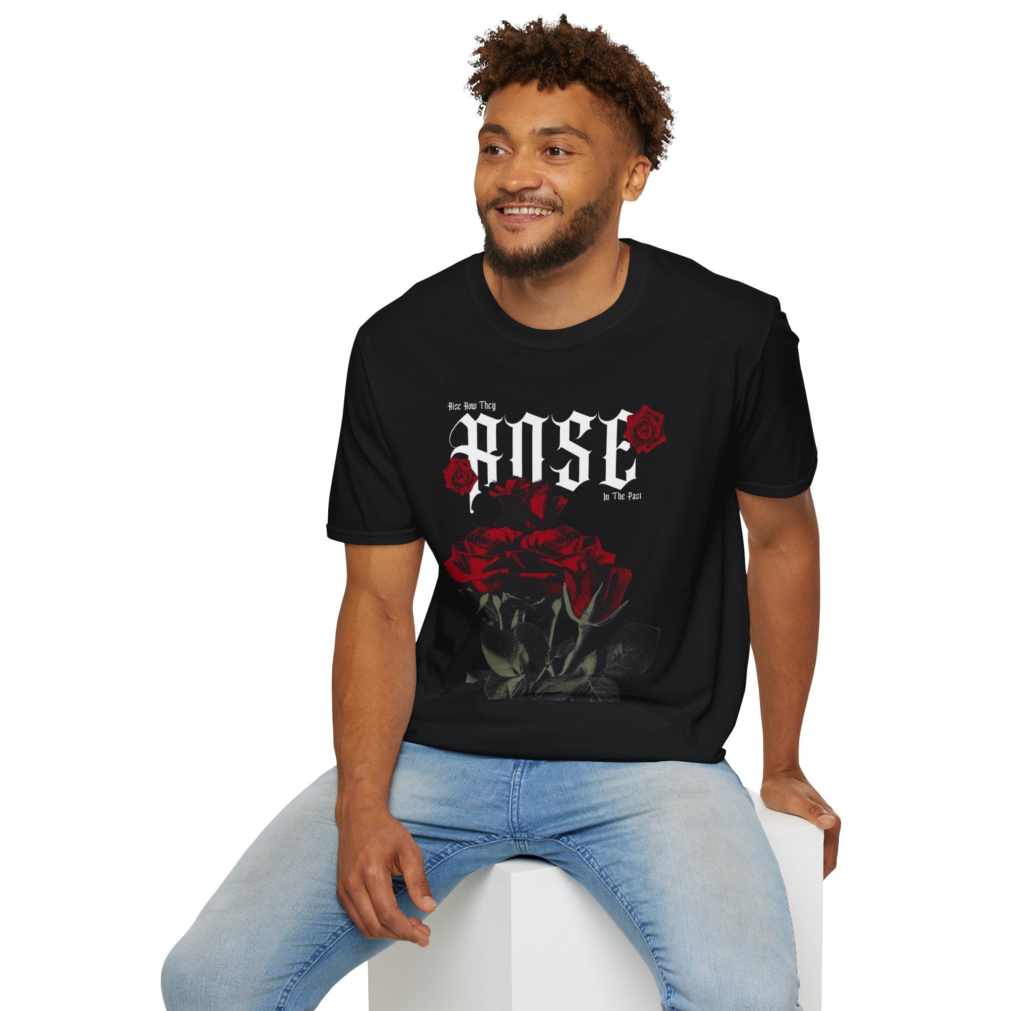 Rose Typography T-Shirt | Gothic Red Roses, Floral Script