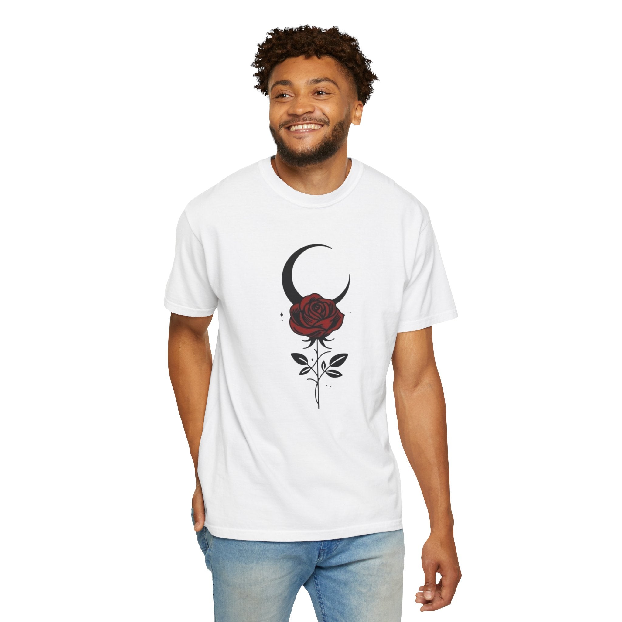Moon & Rose T‑Shirt — Gothic Crescent Moon with Red Rose Graphic