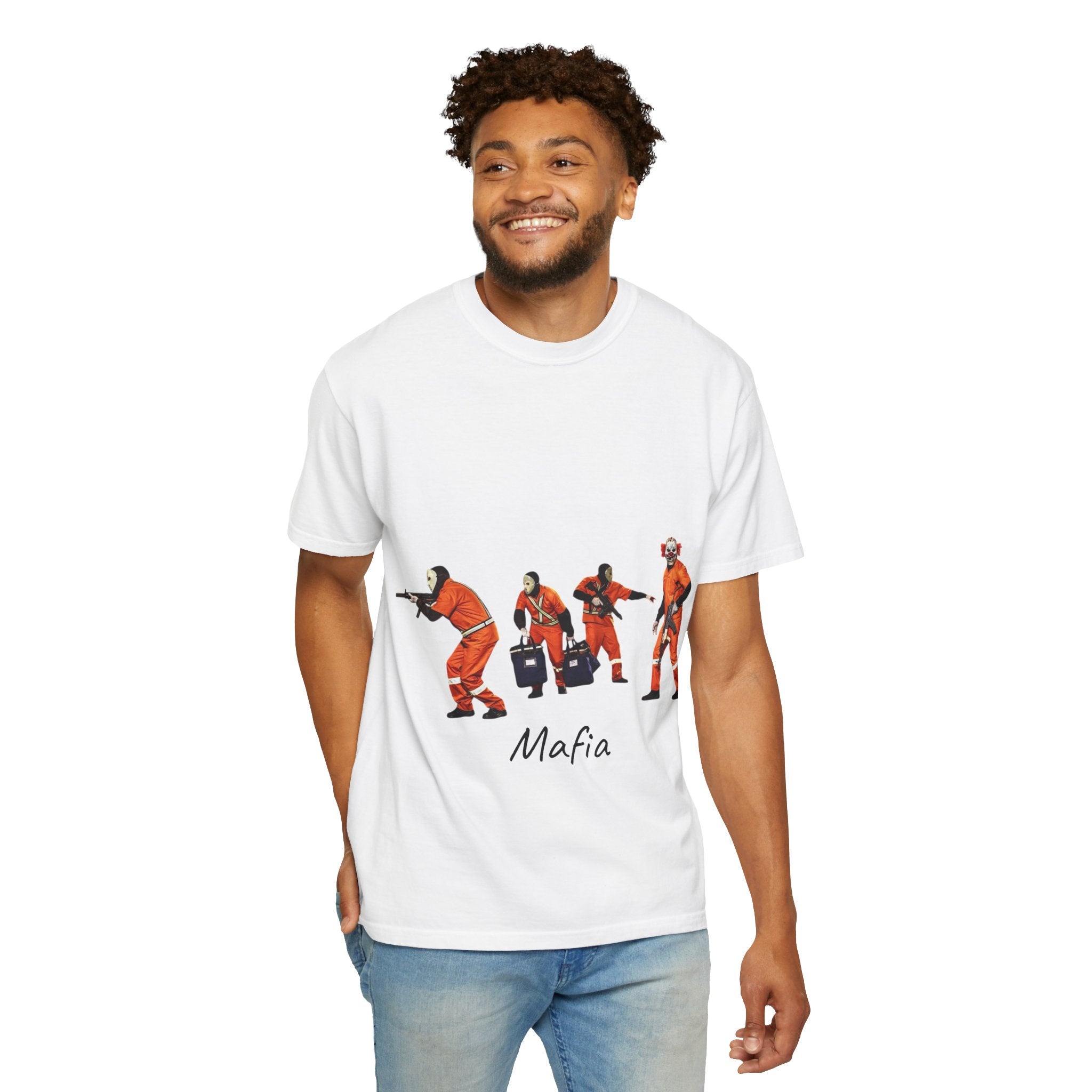 Mafia Heist Crew T-Shirt — Graphic Crew in Orange Jumpsuits