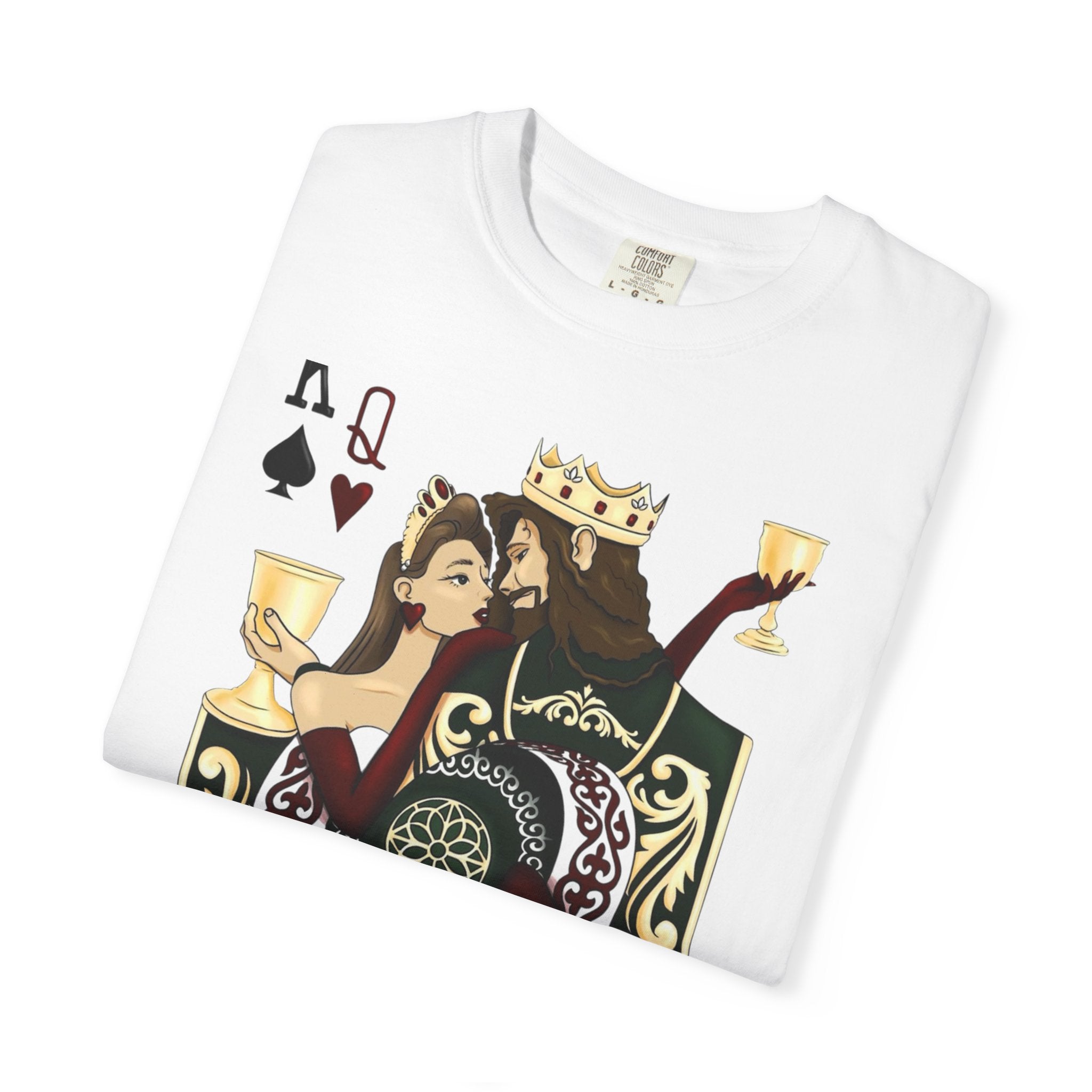 Queen of Cups Playing Card Graphic T-Shirt — Tarot-Inspired Drinking Art Tee