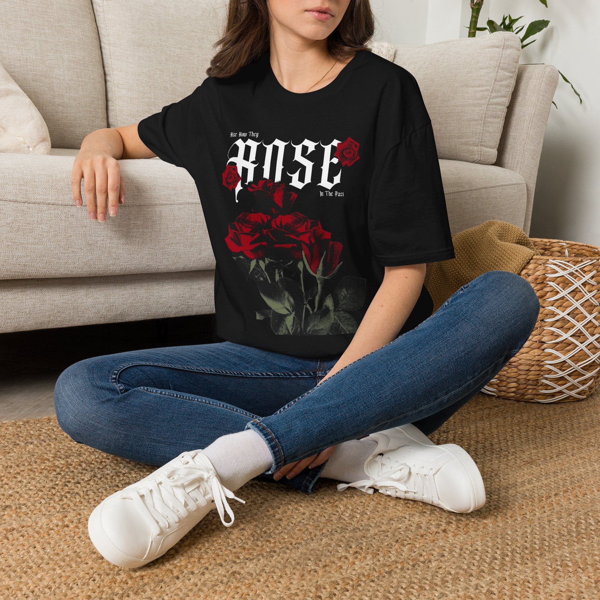 Rose Typography T-Shirt | Gothic Red Roses, Floral Script