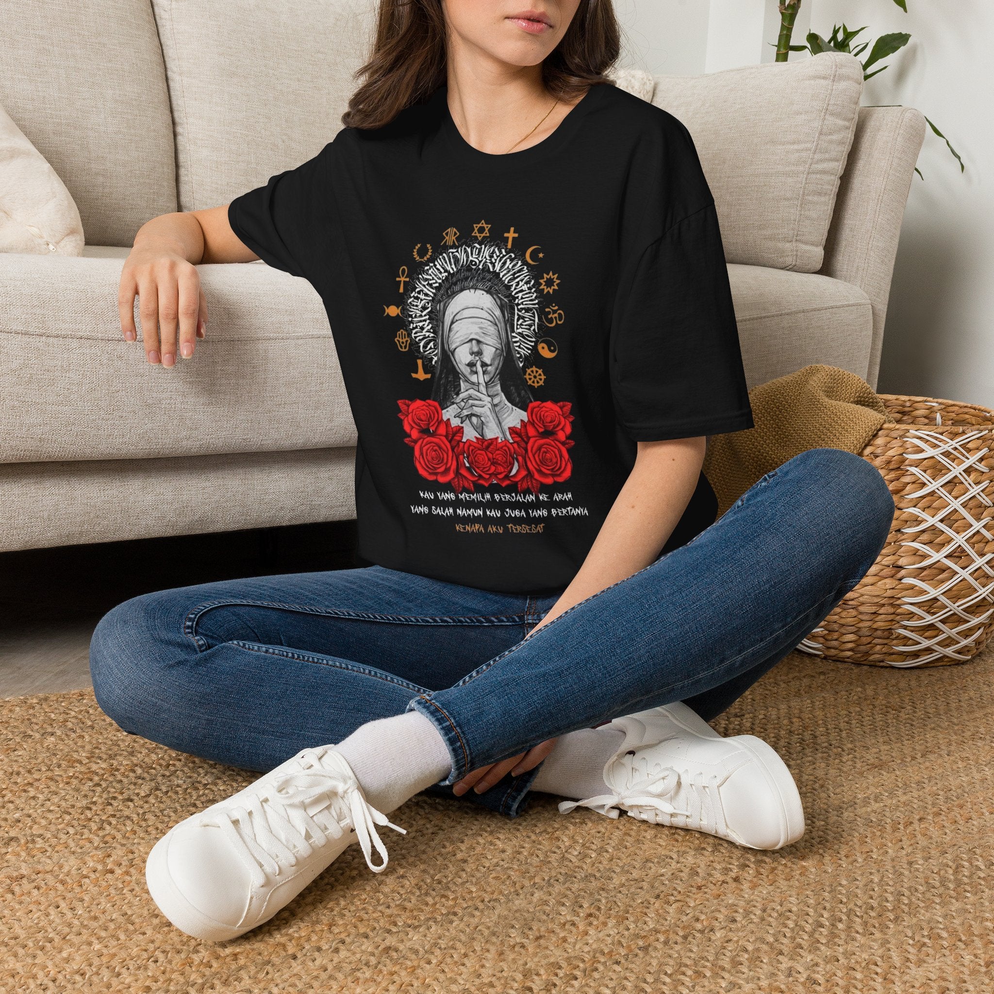 Spiritual Symbols Graphic T-Shirt — Blindfolded Figure with Rose & Faith Icons