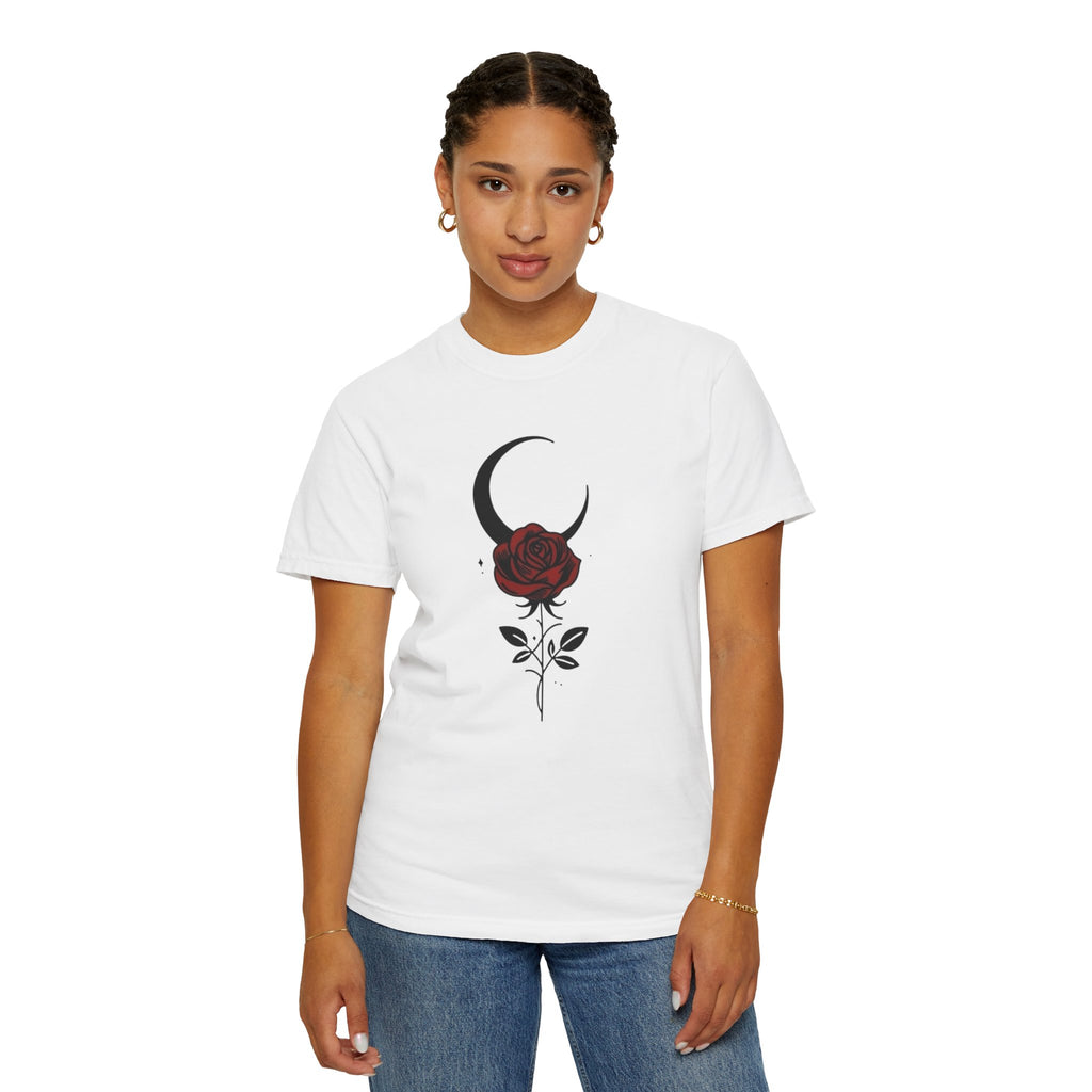 Moon & Rose T‑Shirt — Gothic Crescent Moon with Red Rose Graphic
