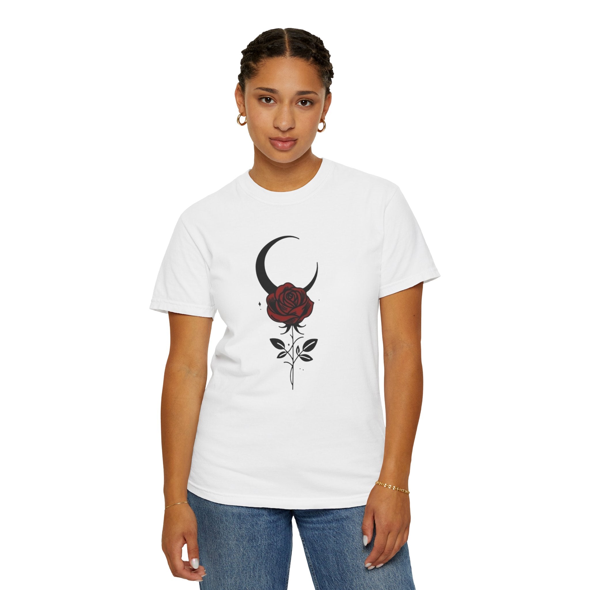 Moon & Rose T‑Shirt — Gothic Crescent Moon with Red Rose Graphic
