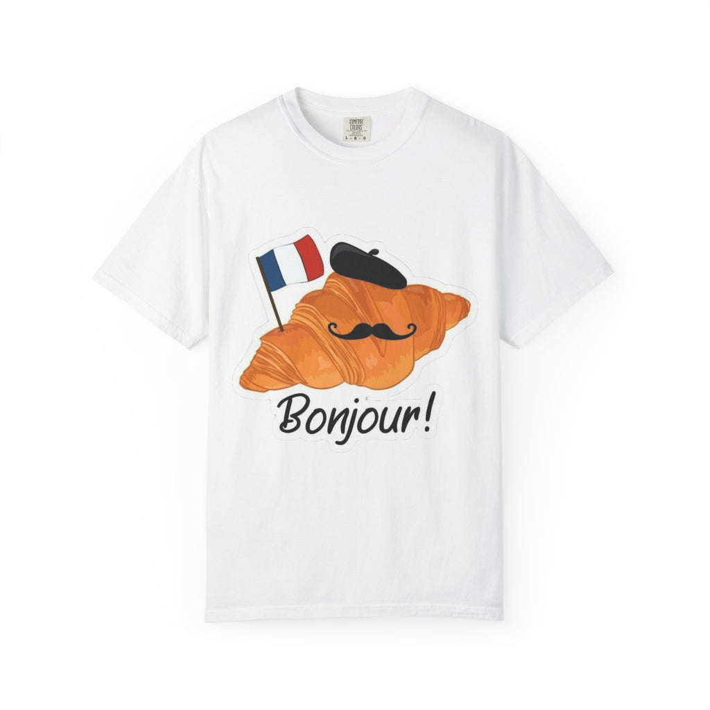 Bonjour croissant with beret and French flag T-shirt | French pastry design