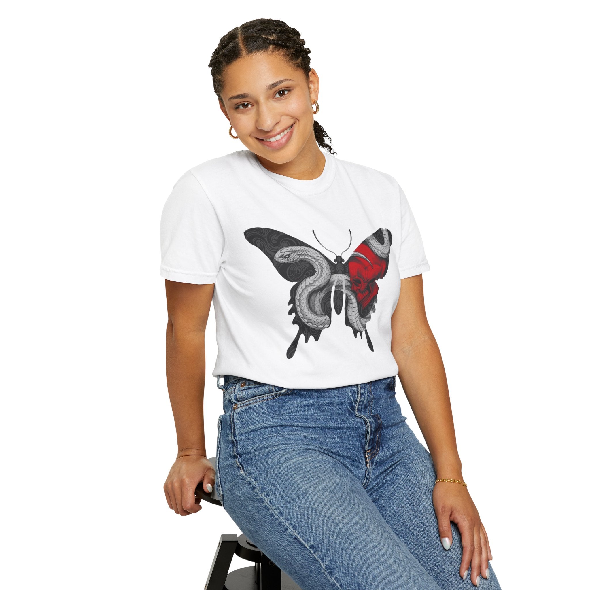 Mystic Moth Tee — Red Kabuki Mask Butterfly Graphic T-Shirt